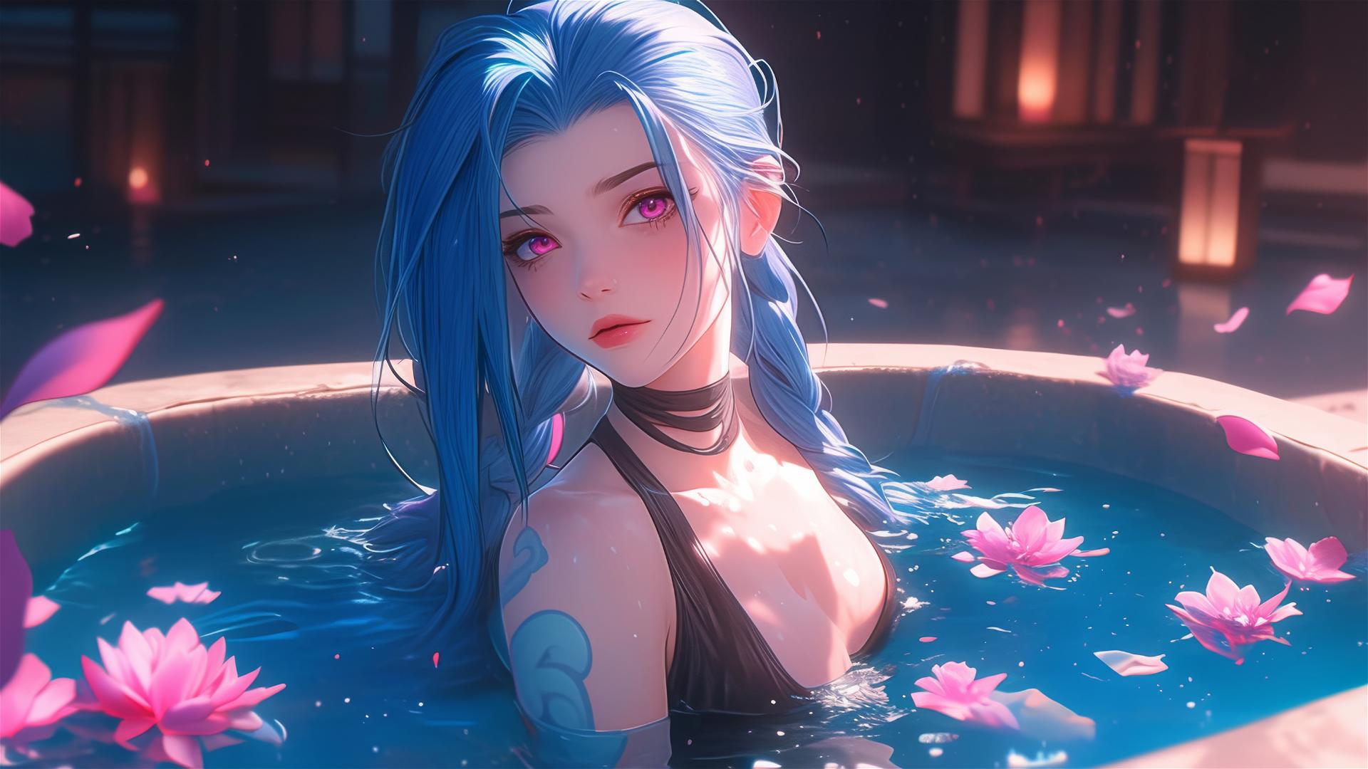 Jinx from League of Legends in a flower-filled tub at a Chinese spa