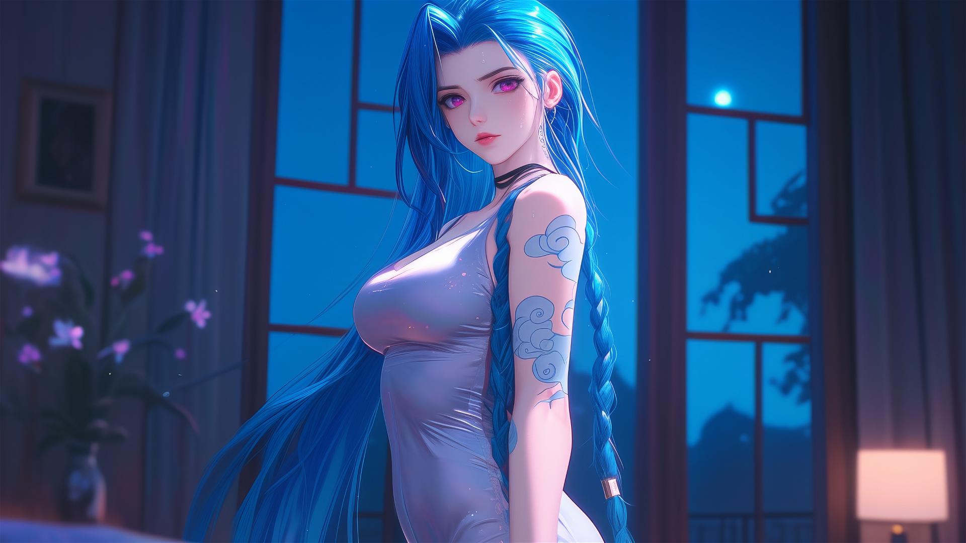 Jinx from League of Legends standing in an apartment with moonlight glow.