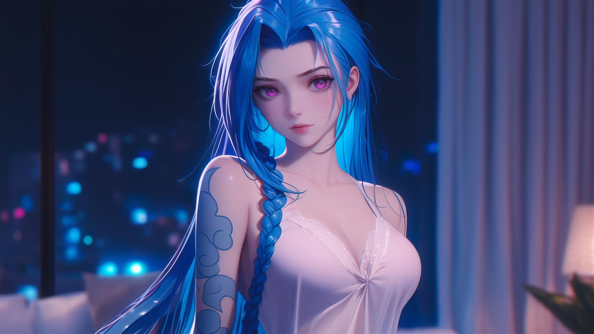 Jinx from League of Legends standing in moonlit apartment