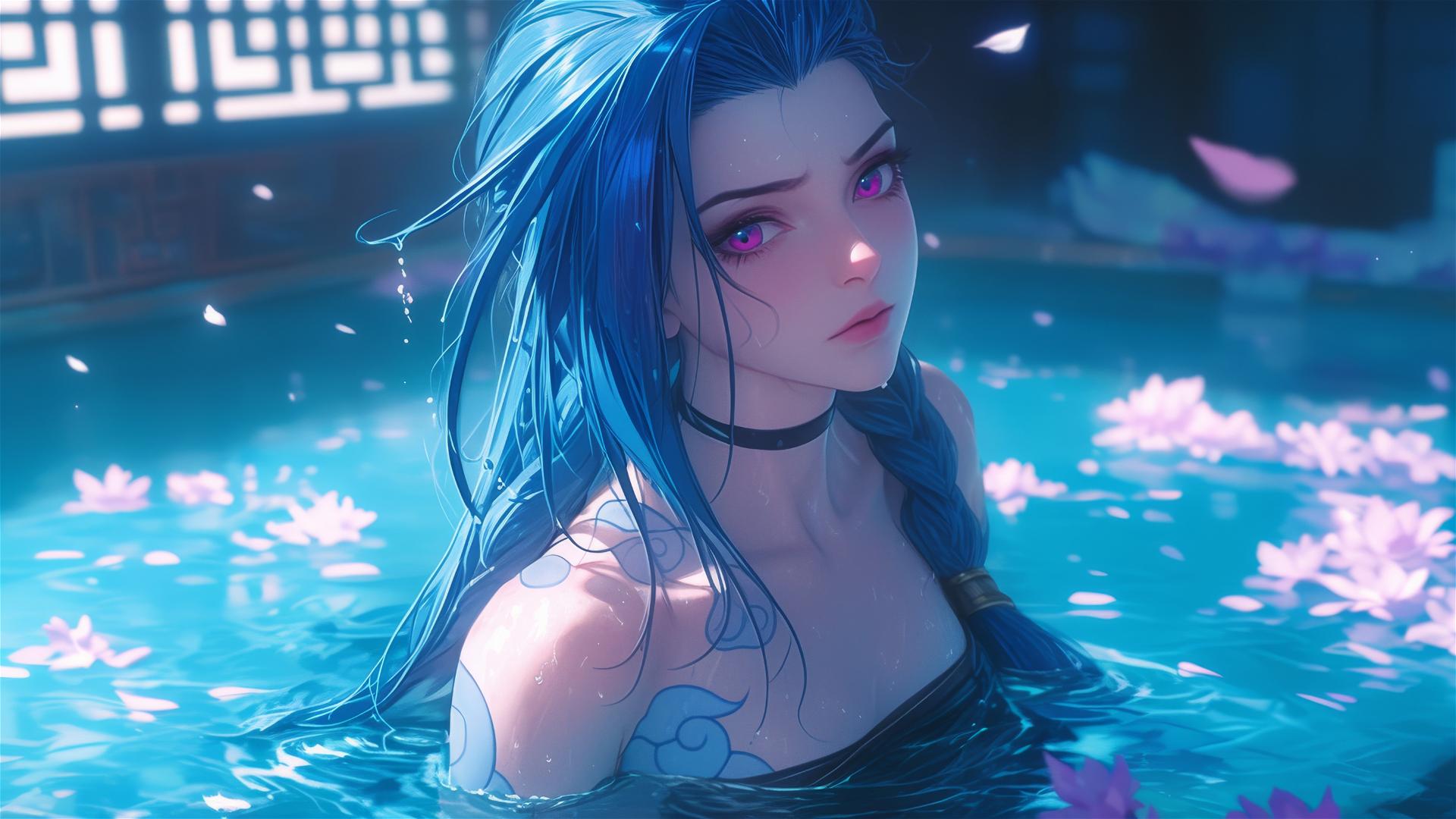 Jinx from League of Legends in a tub filled with flowers at a Chinese spa