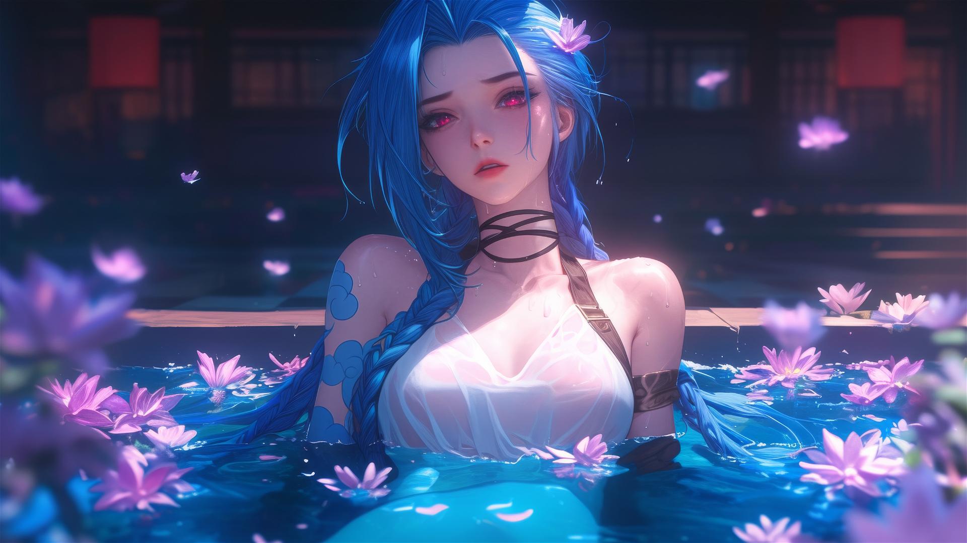 Jinx from League of Legends in a tub with flowers at a Chinese spa with pink eyes and blue hair.