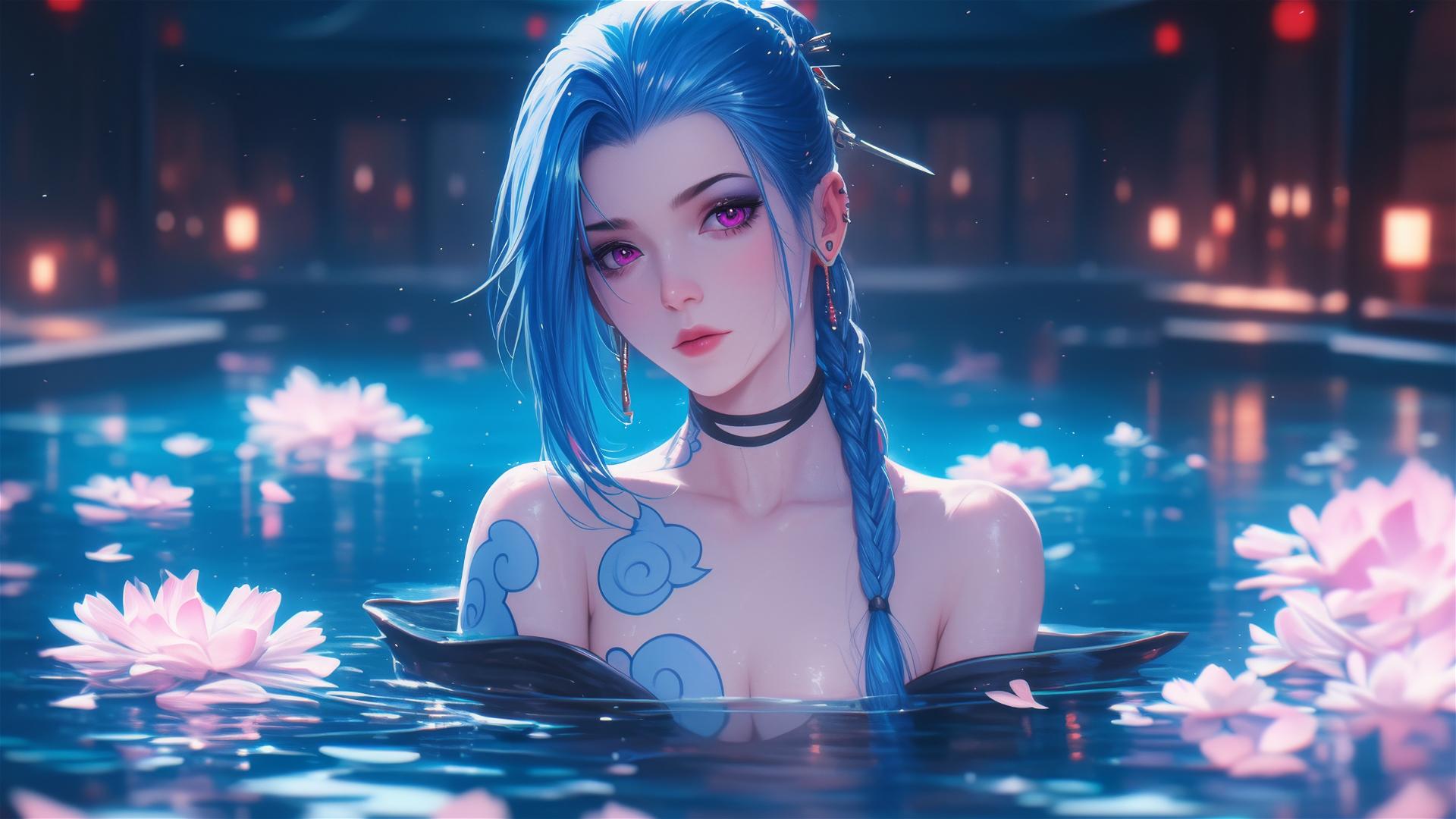 Jinx from League of Legends in tub of flowers at Chinese spa