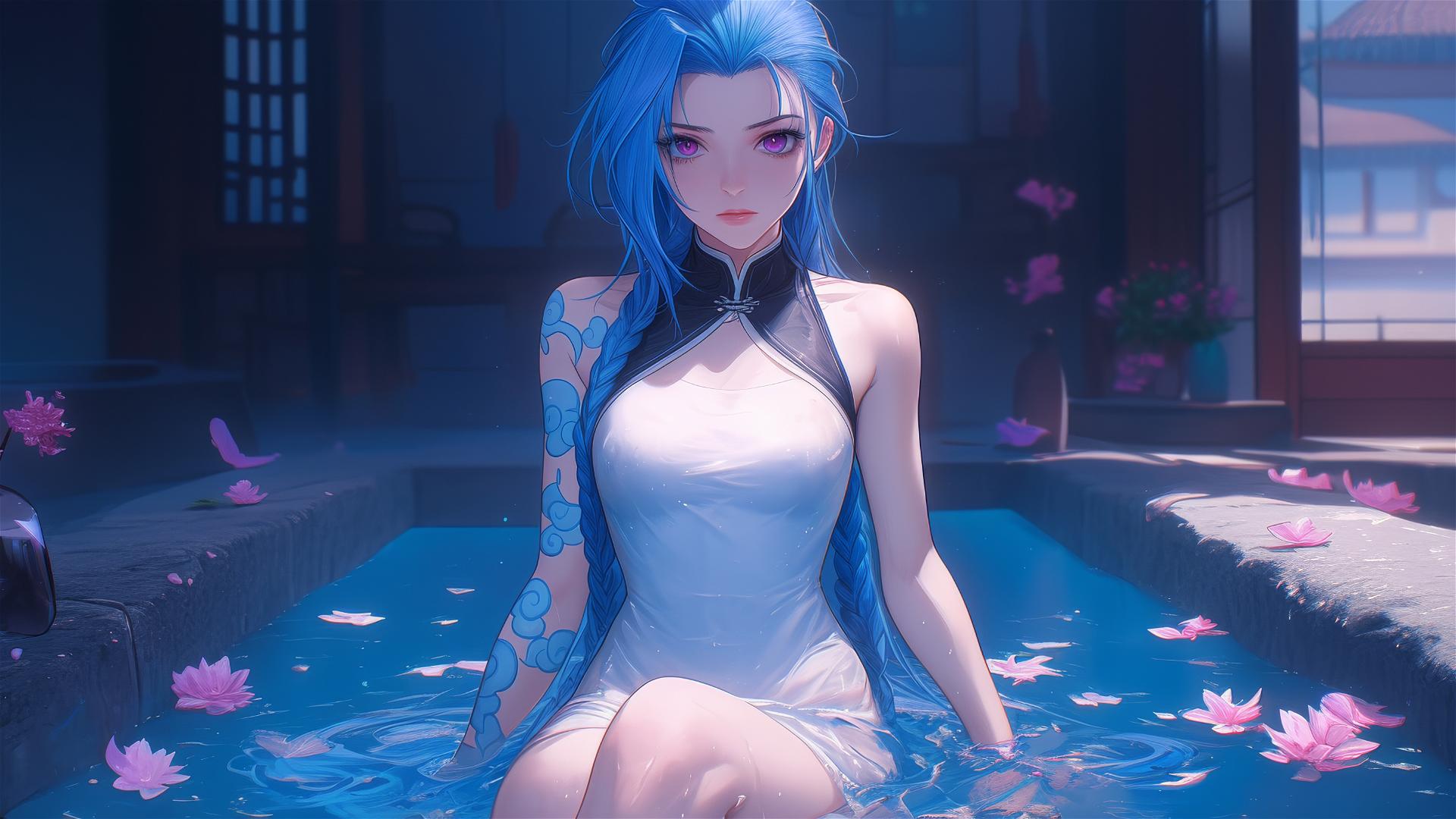 Full body shot of Jinx from League of Legends in a tub full of flowers in a Chinese spa. Pink eyes, blue hair.