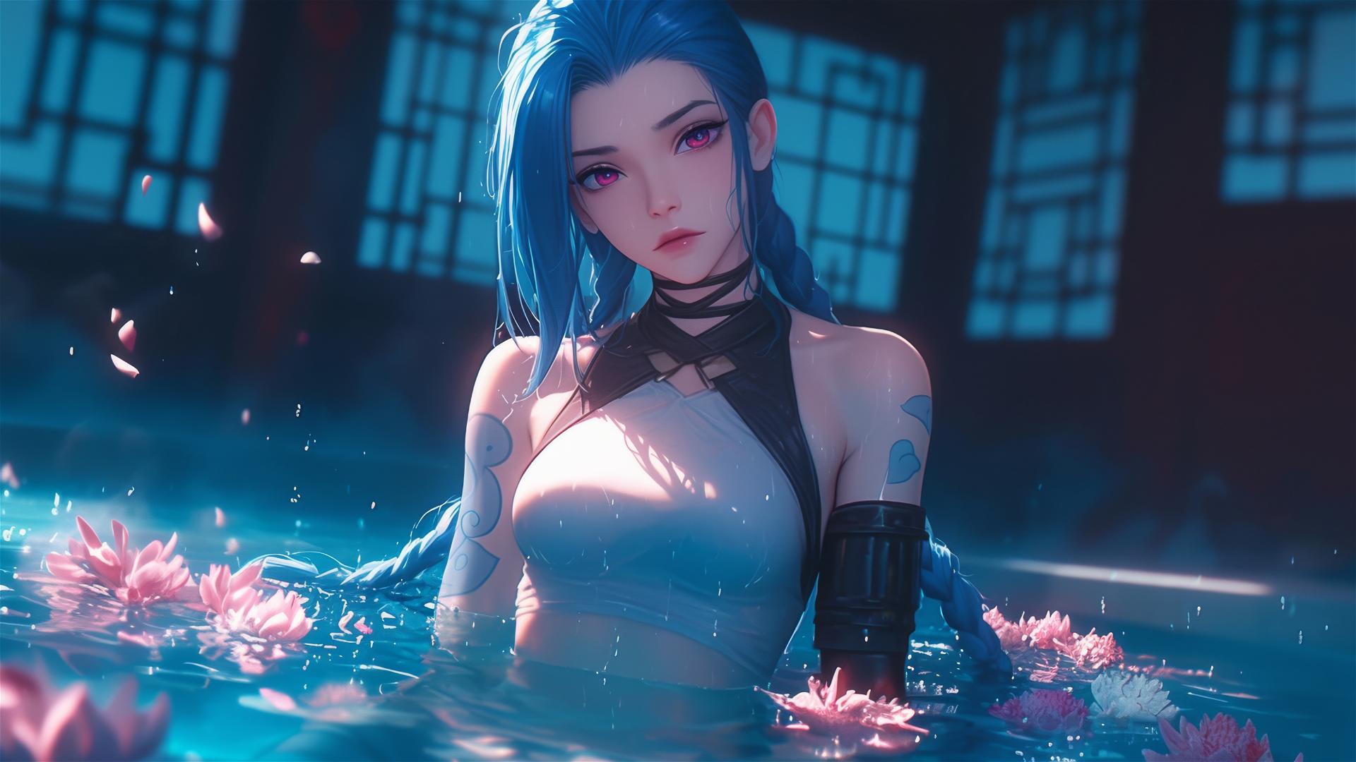 Jinx from League of Legends in a tub full of flowers at a Chinese spa