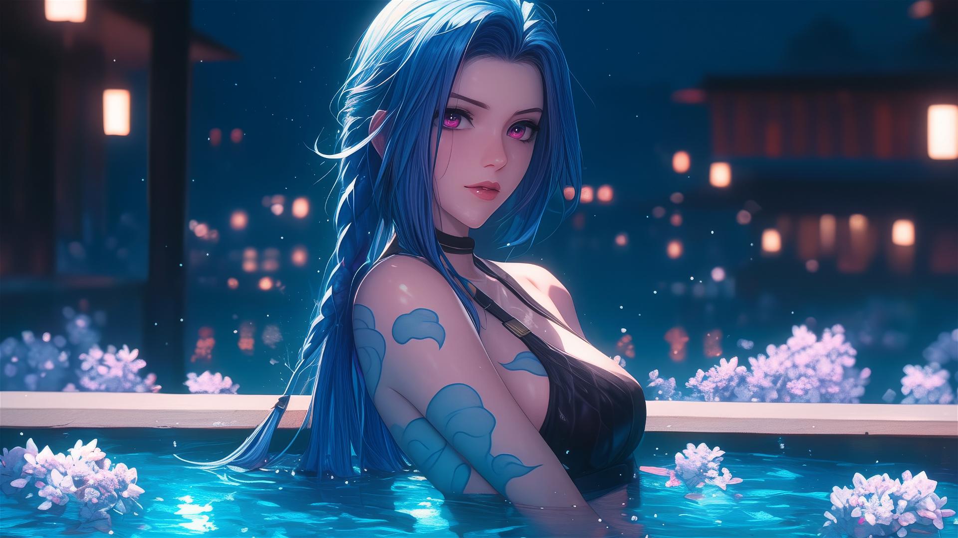 Jinx from League of Legends in flower-filled tub at Chinese spa