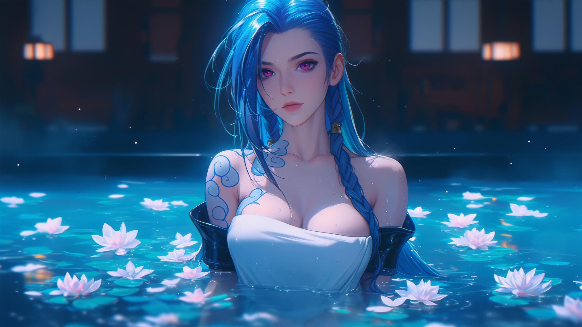 Jinx from League of Legends in a flower-filled tub in a Chinese spa.
