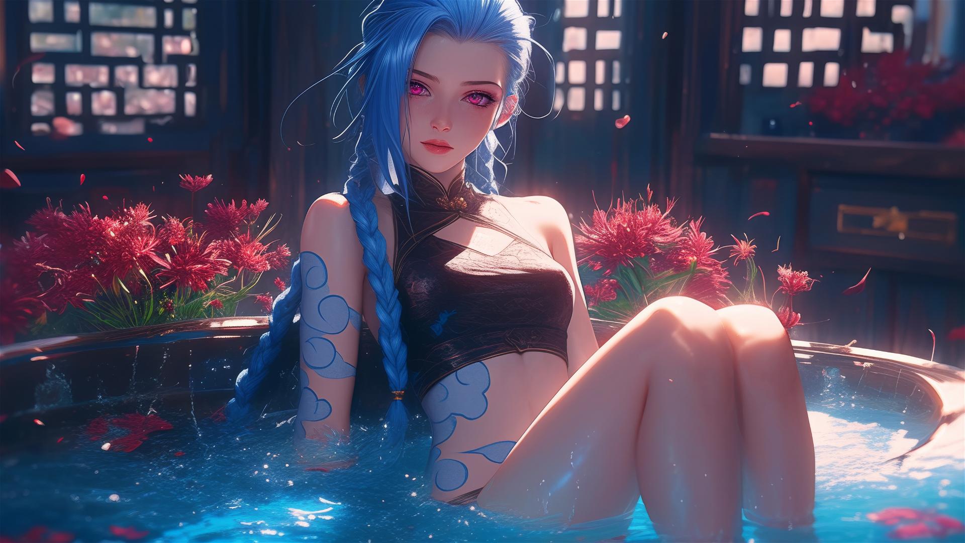 Jinx from League of Legends in a tub of flowers, Chinese spa, pink eyes, blue hair
