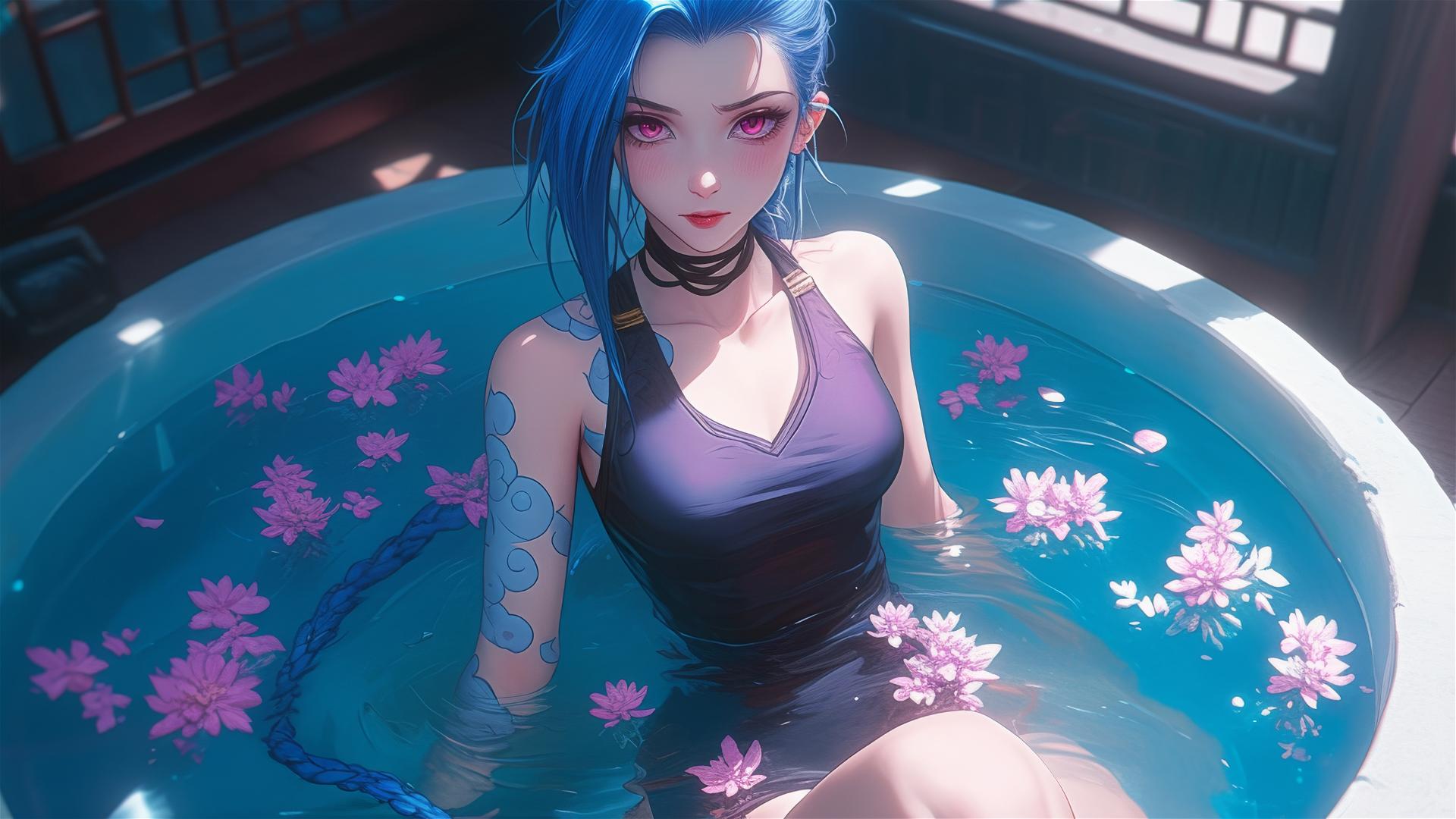 Jinx from League of Legends in a tub of flowers, in Chinese spa