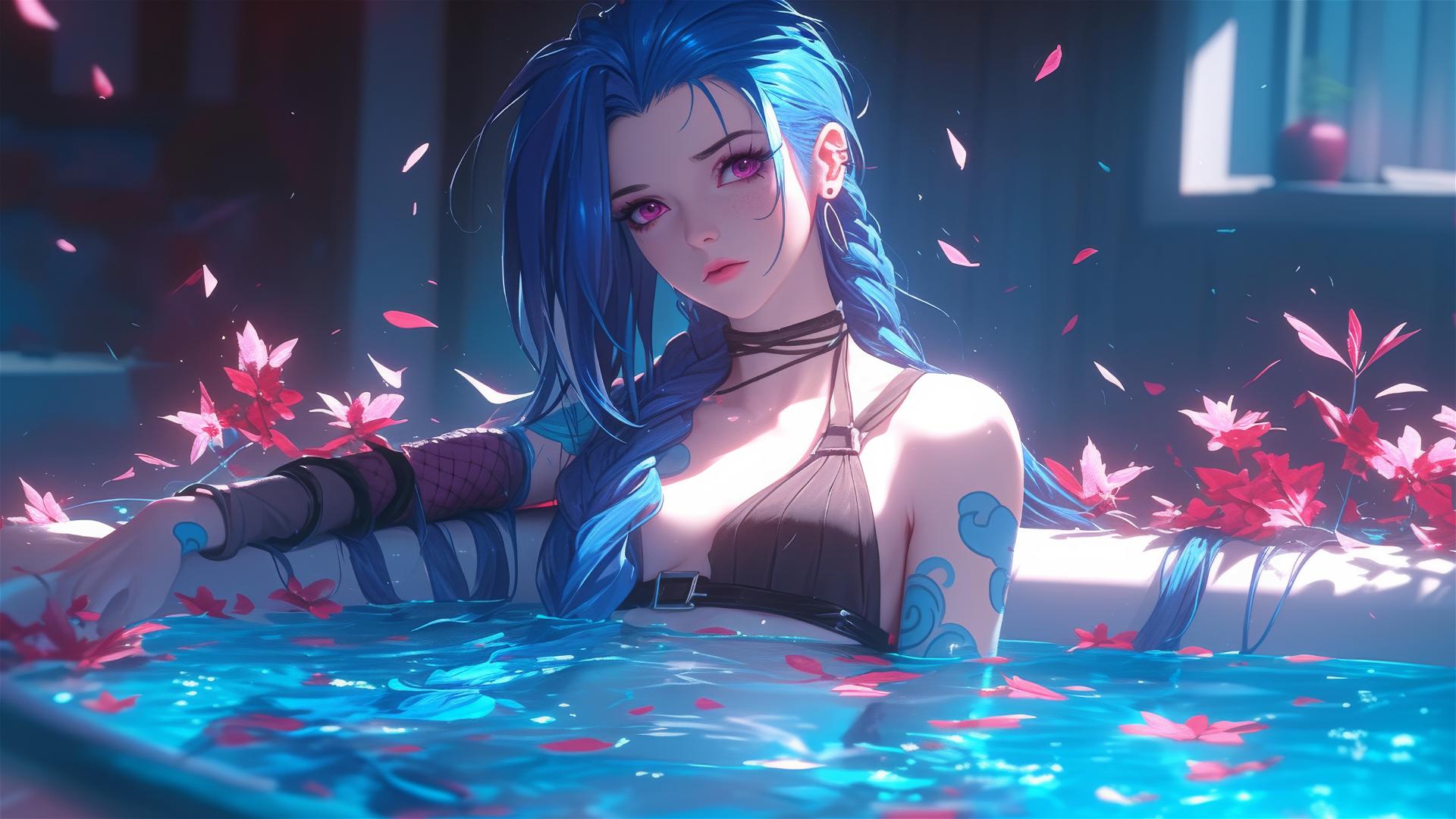 Jinx from League of Legends in flower-filled tub at Chinese spa