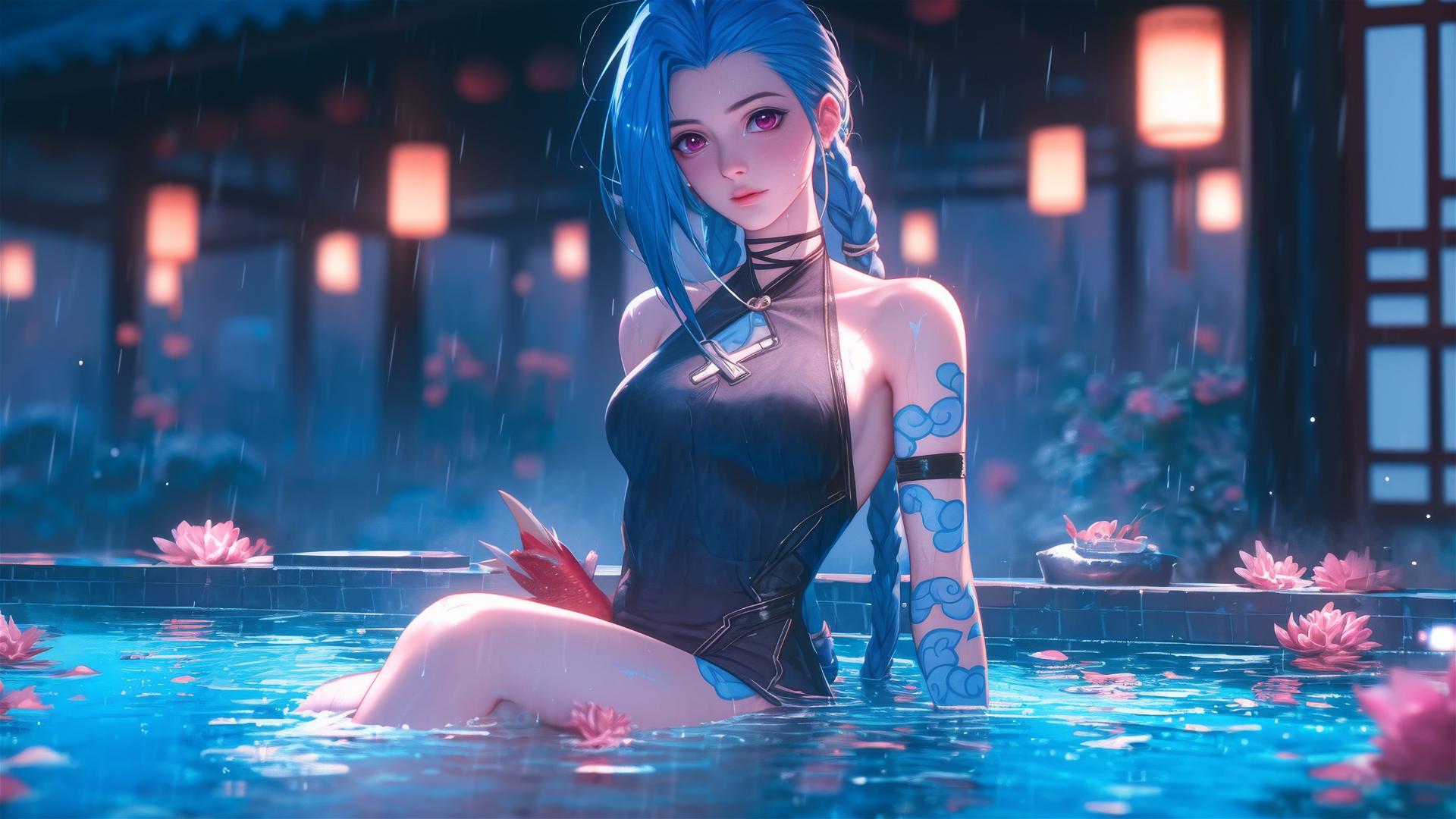 Jinx from League of Legends in a tub full of flowers in a Chinese spa