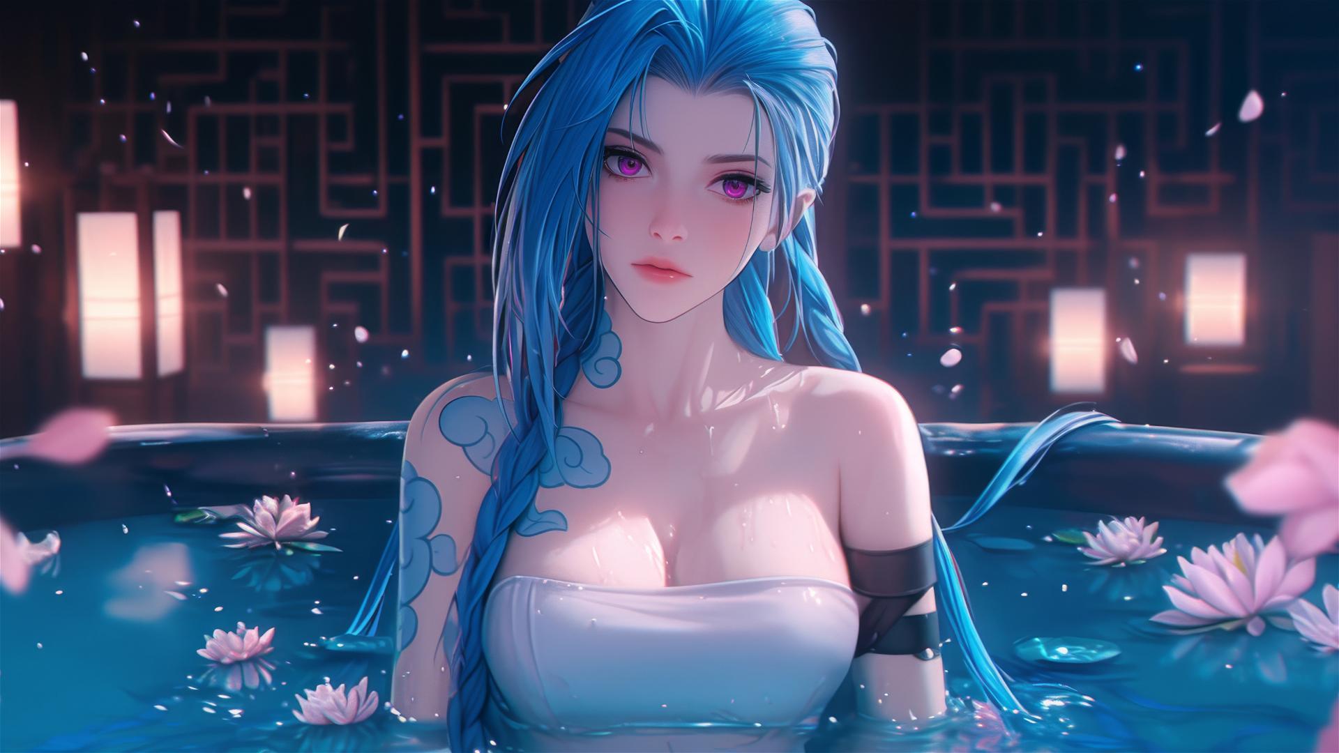 Jinx from League of Legends in a flower-filled tub at a Chinese spa, pink eyes, blue hair