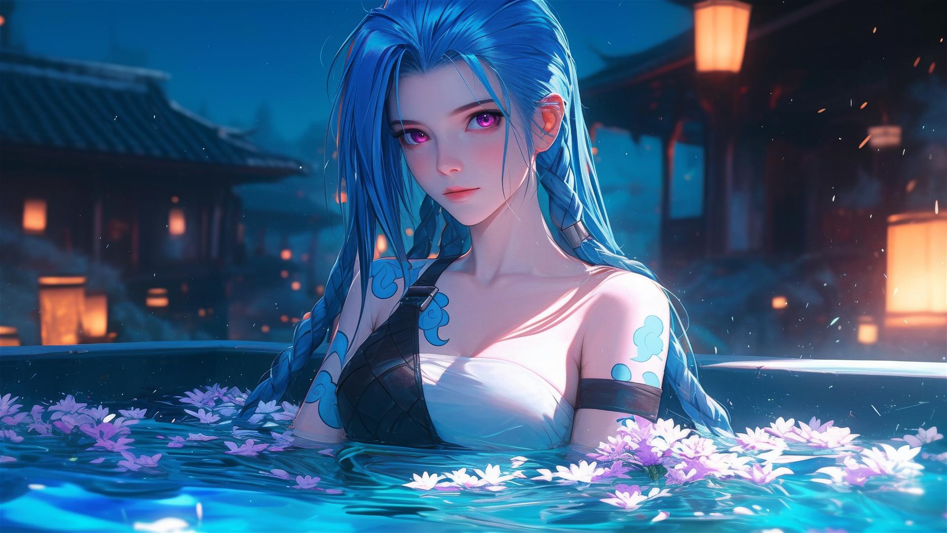 Jinx from League of Legends in a tub of flowers at a Chinese spa, pink eyes, blue hair.