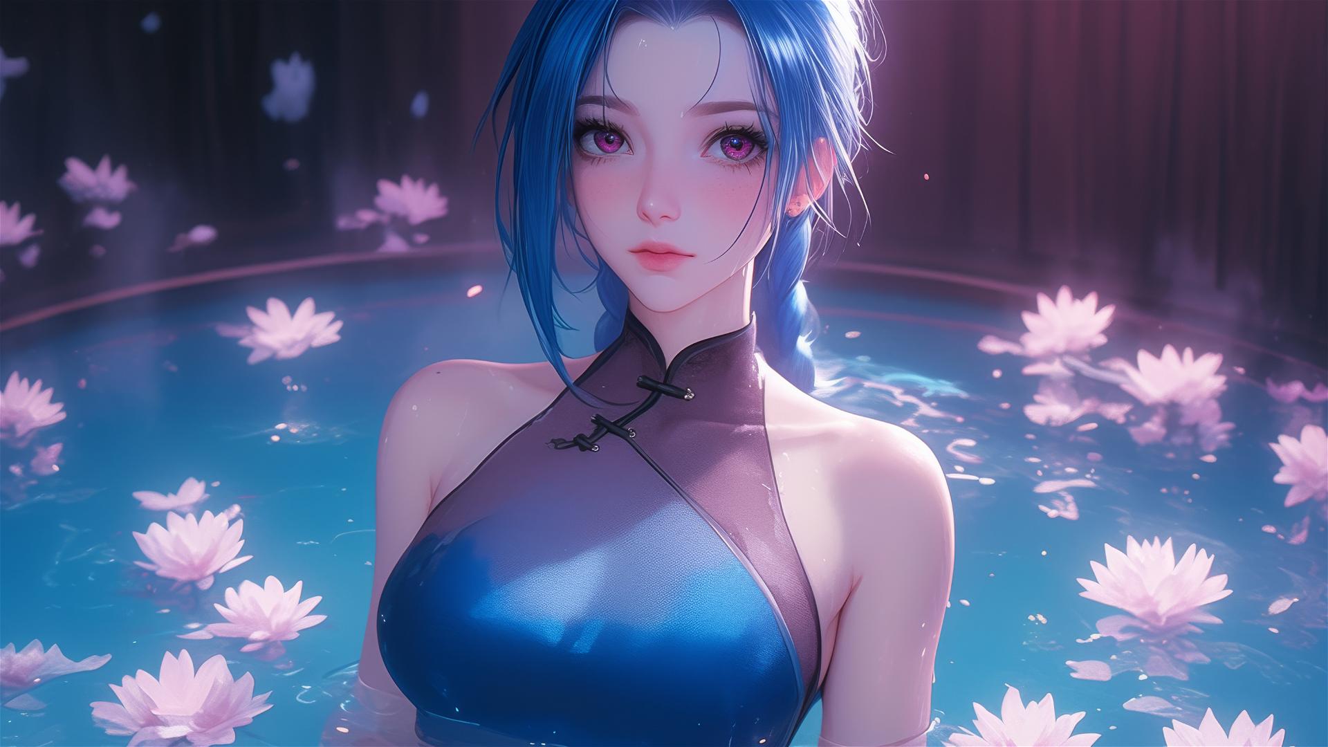 Full body shot of Jinx from League of Legends in a flower-filled tub at a Chinese spa.