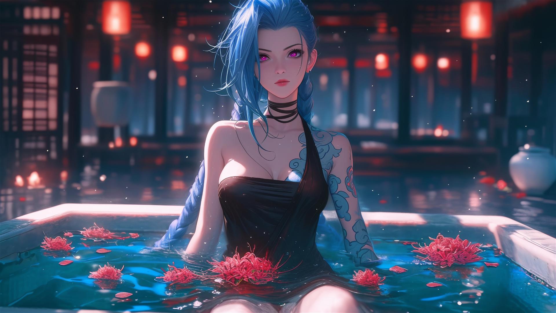 Jinx from League of Legends in flower-filled tub at Chinese spa
