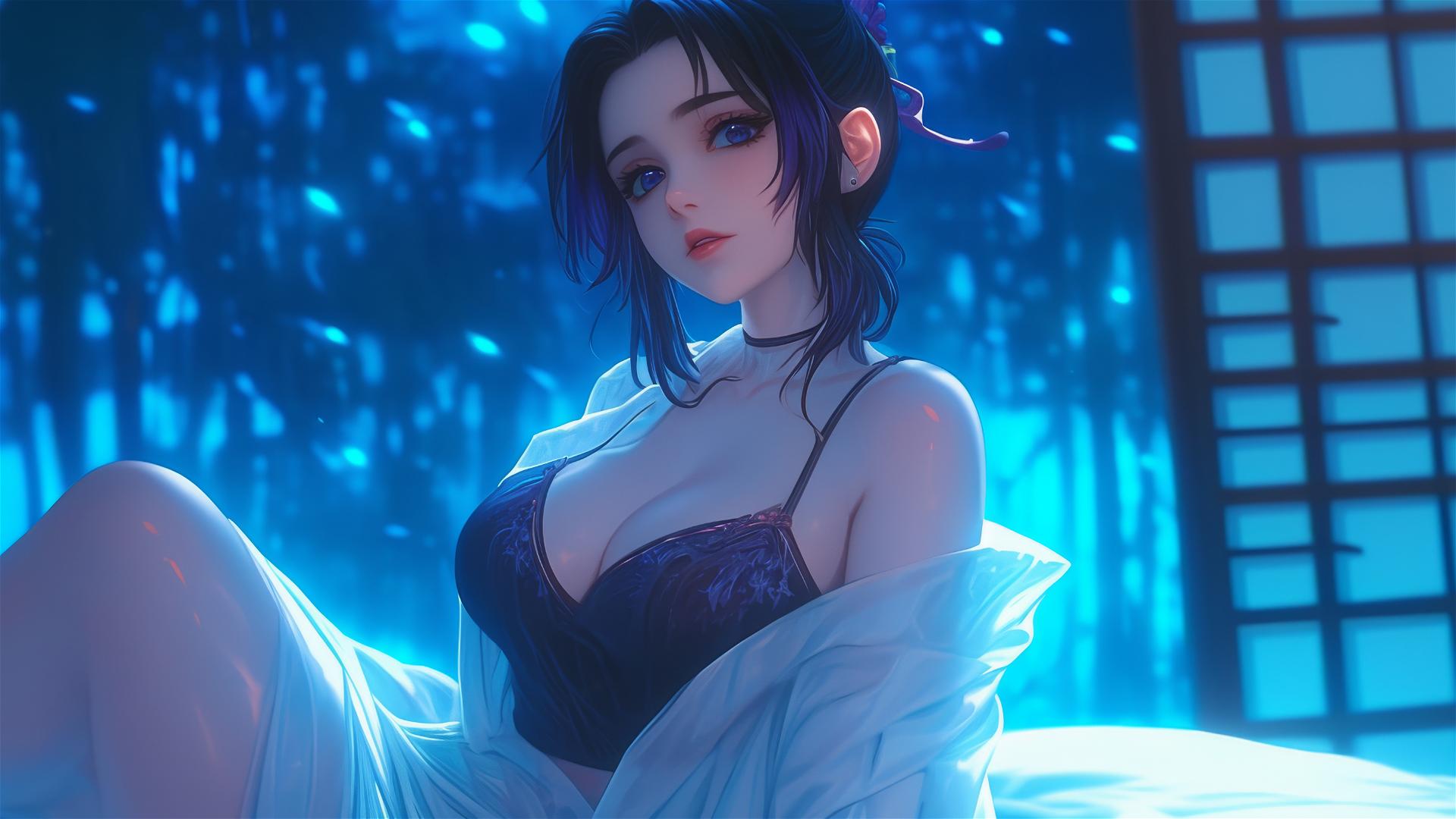 Shinobu Kocho resting in modern hotel room under moonlight