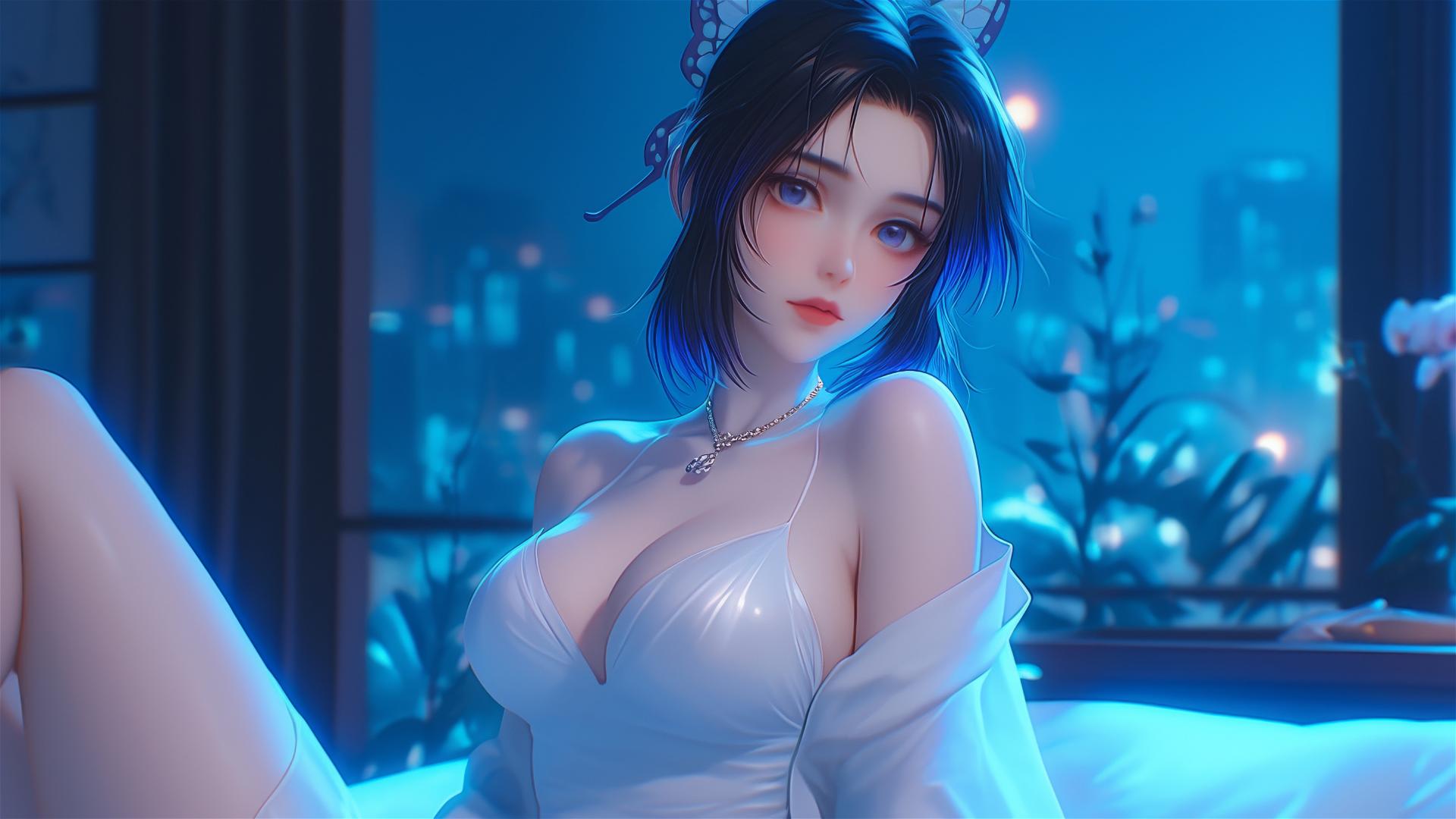 Shinobu Kocho resting in a modern hotel room with neon lights and moonlight.