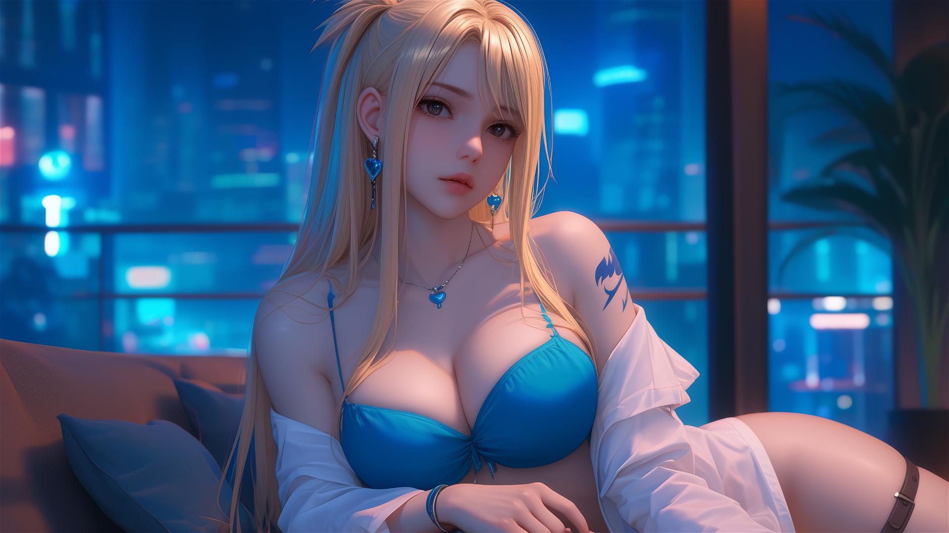 Lucy Heartfilia resting in a modern apartment under moonlight