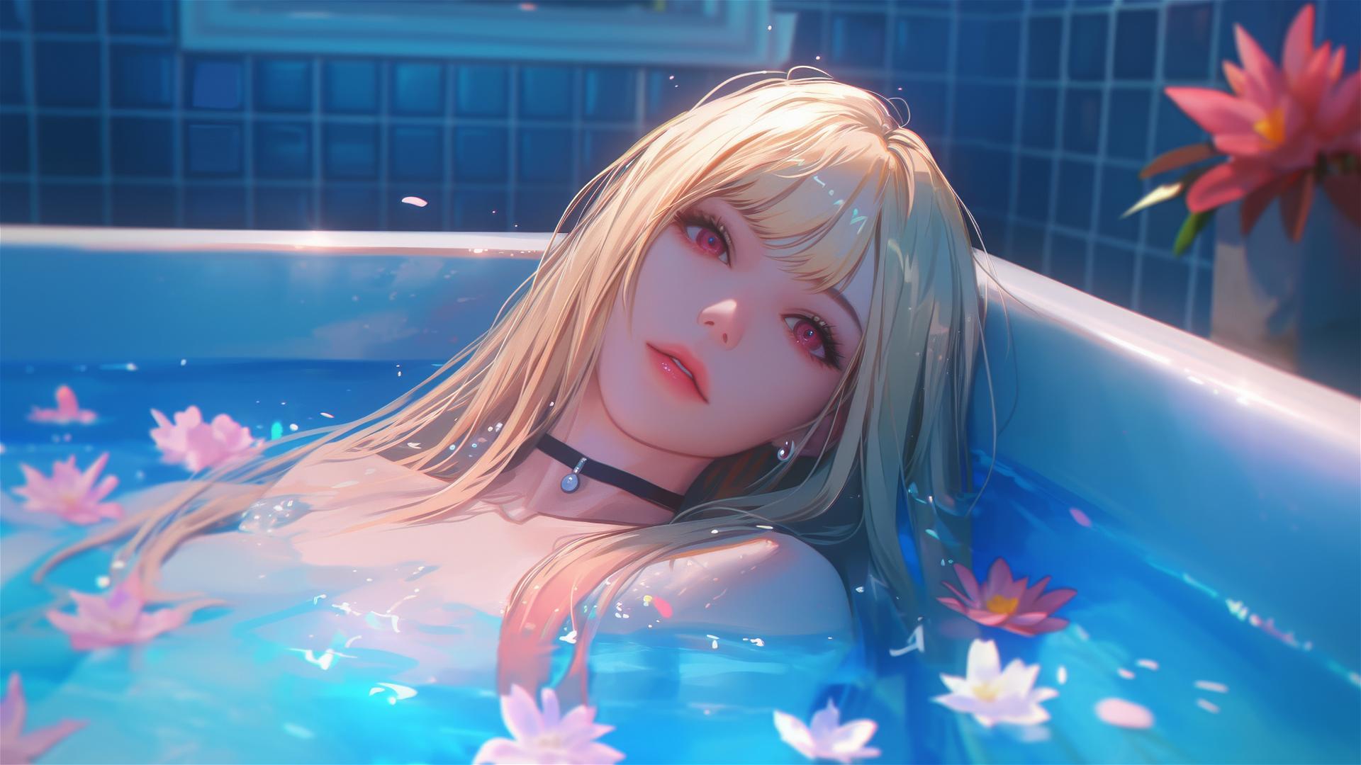 Marin Kitagawa from Kurikami City in a flower-filled tub at a Chinese spa