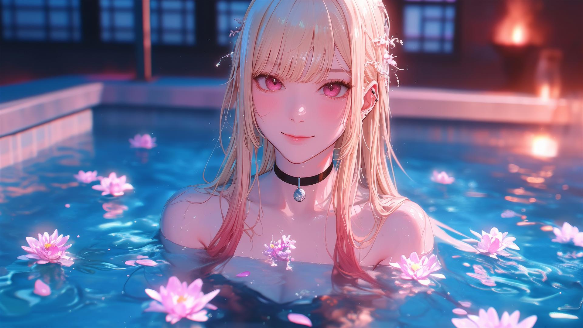 Marin Kitagawa with silky blonde hair tipped in pinkish-red, in a tub full of flowers in a Chinese spa.