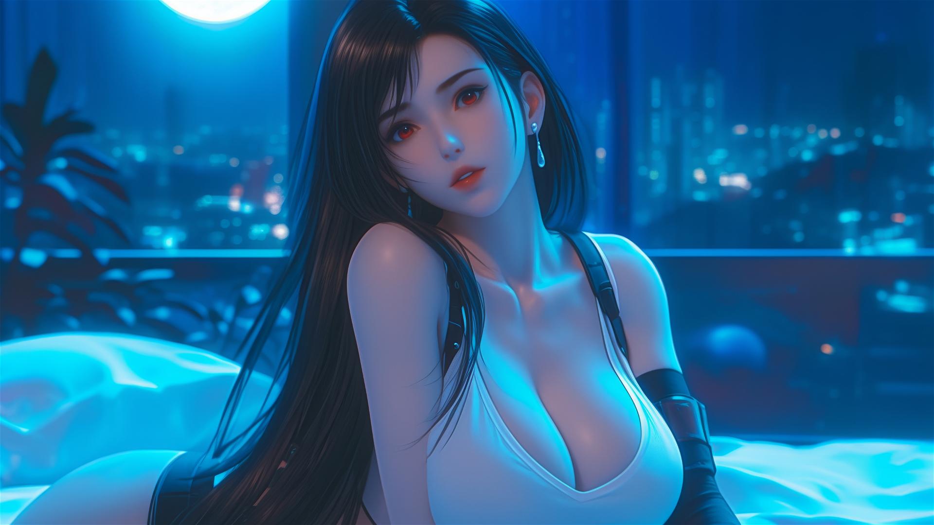 Tifa Lockhart from Final Fantasy resting in her room with moonlight glow.