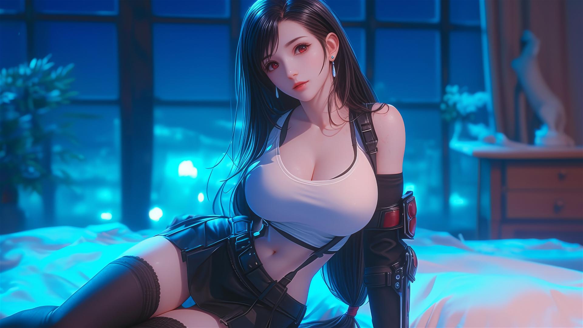 Tifa Lockhart resting leisurely in her room under moonlight