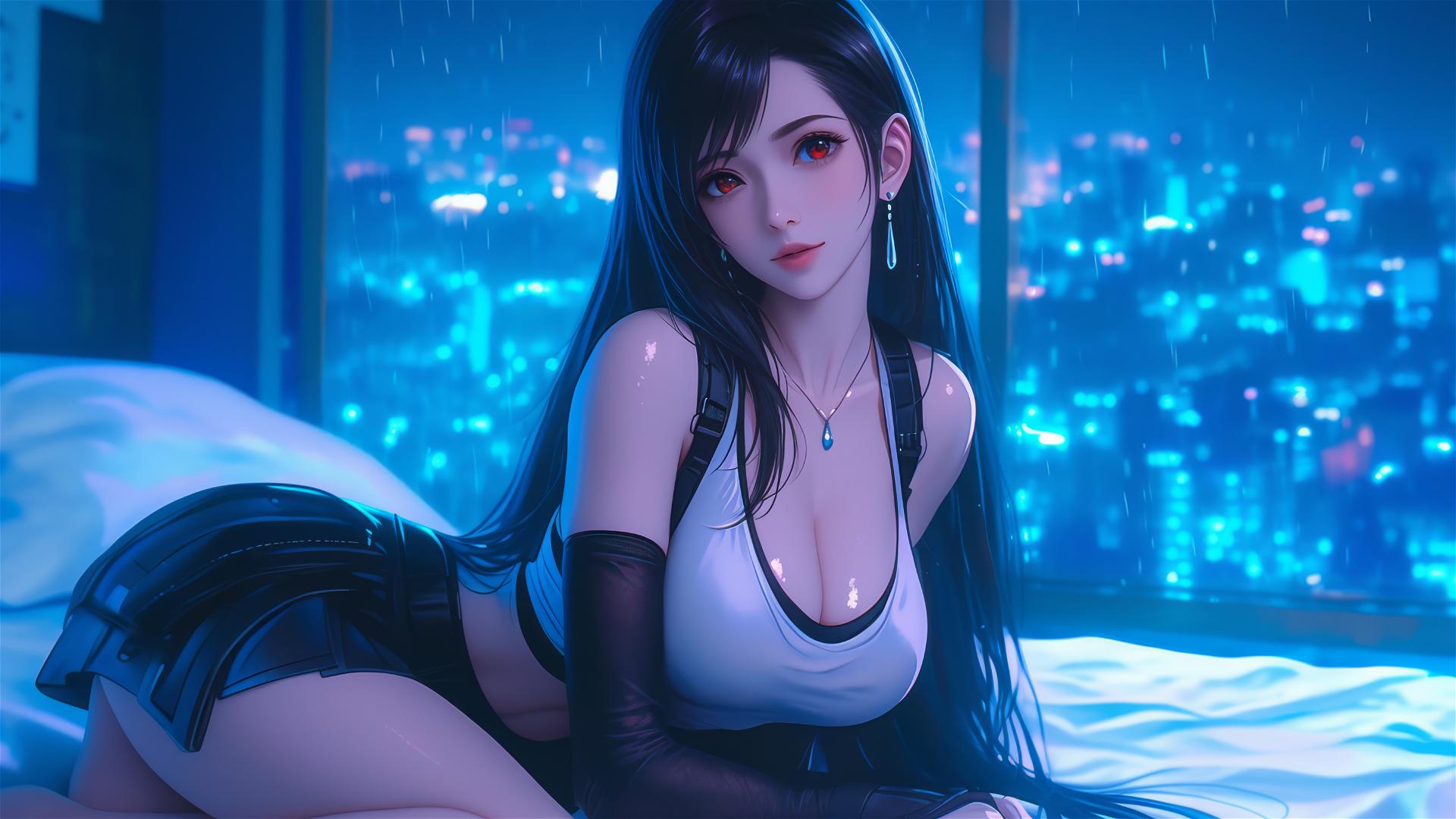 Tifa Lockhart resting in her room under moonlight glow