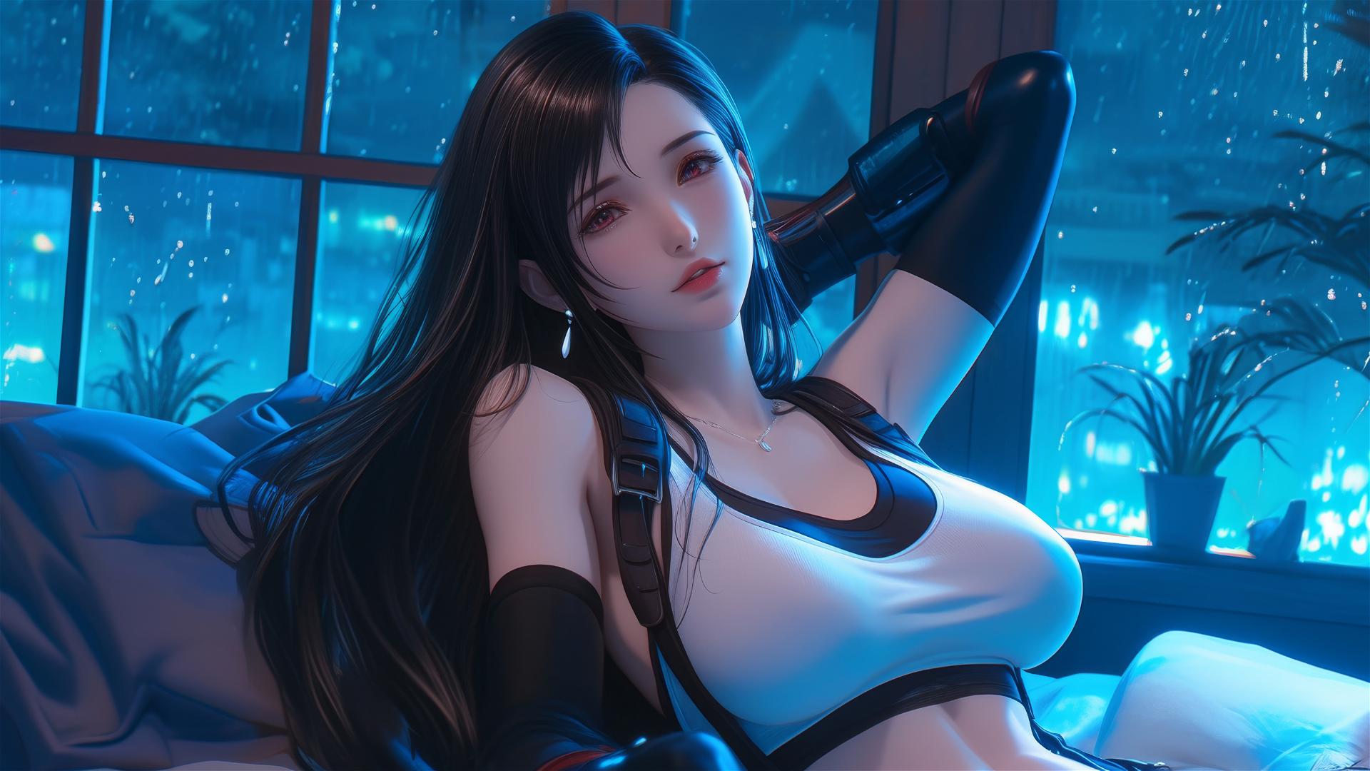 Tifa Lockhart resting in her room under moonlight