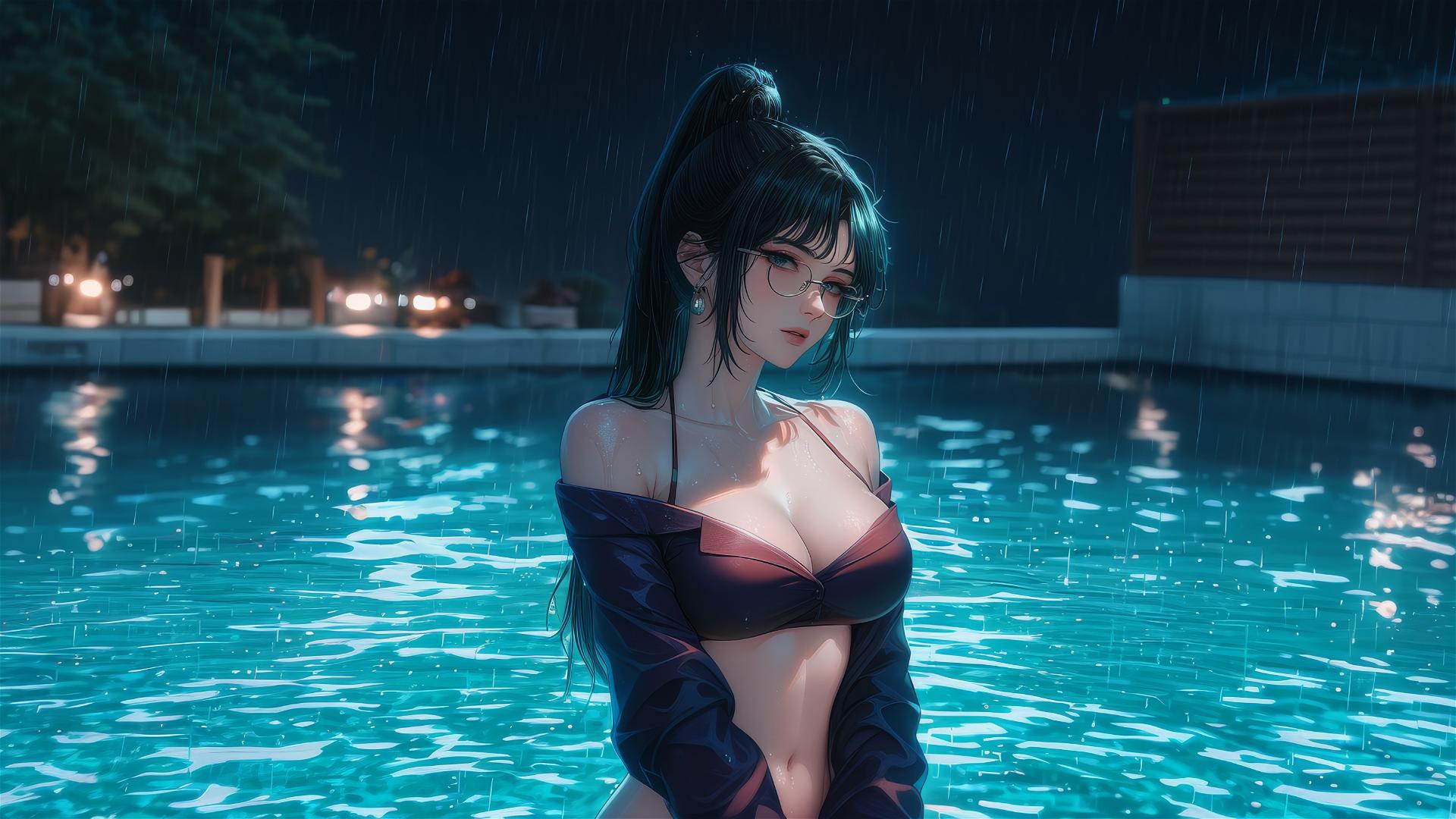 Maki Zenin from Jujutsu Kaisen resting by a swimming pool under moonlight, wearing glasses and pink clothes.