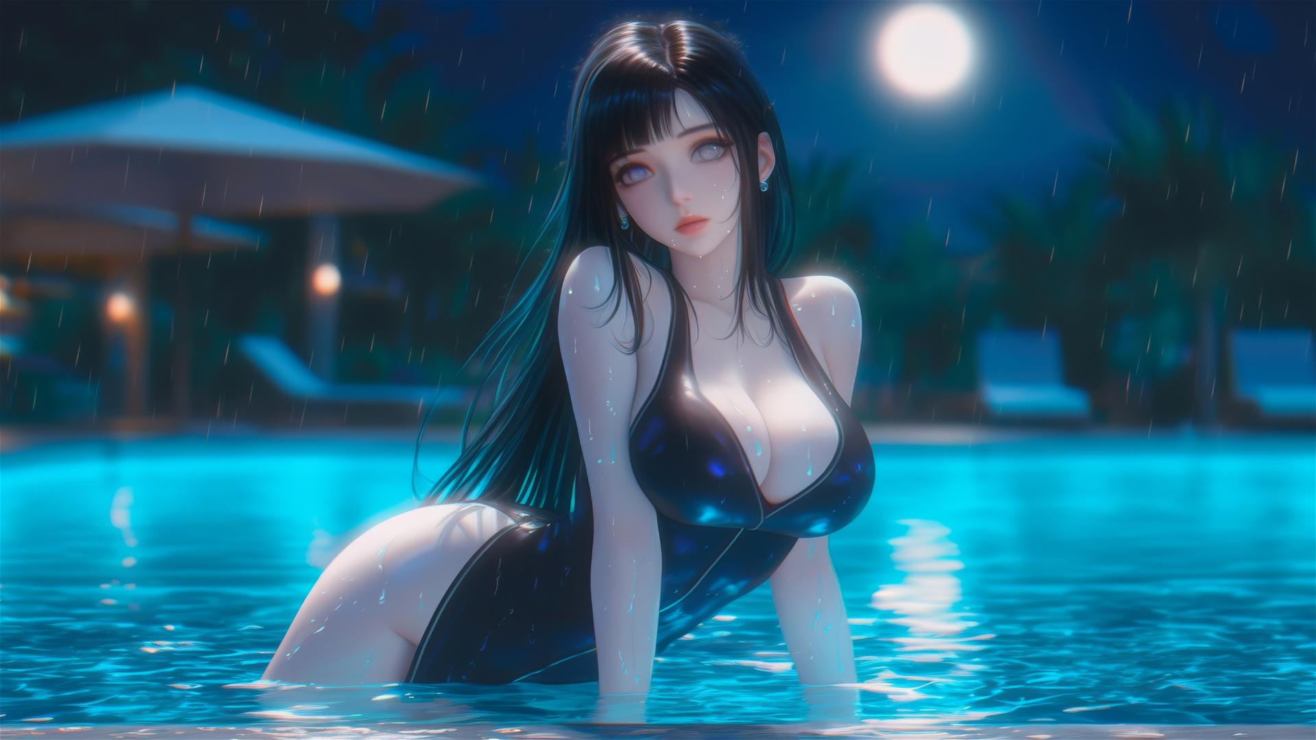 Hinata Hyuga resting by a rainy swimming pool under moonlight