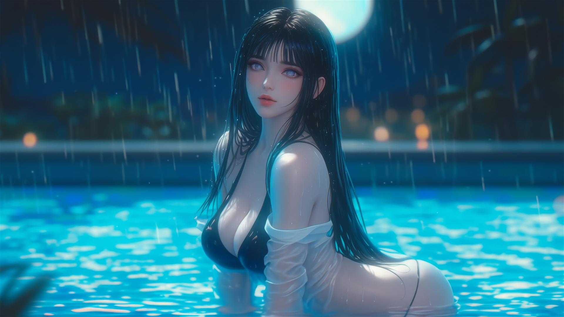 Hinata Hyuga resting by a rainy swimming pool under moonlight
