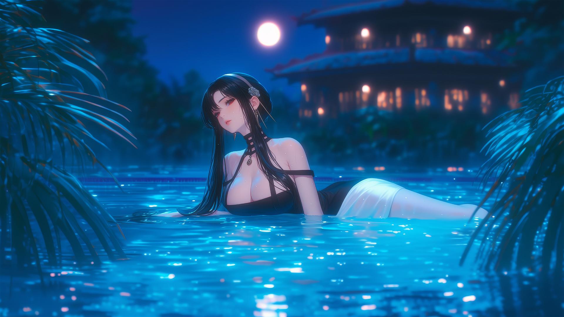 Yor Forger resting by a pool under moonlight