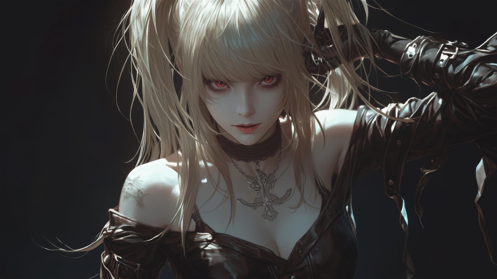 Misa Amane from Death Note in dynamic pose with red eyes under spotlight
