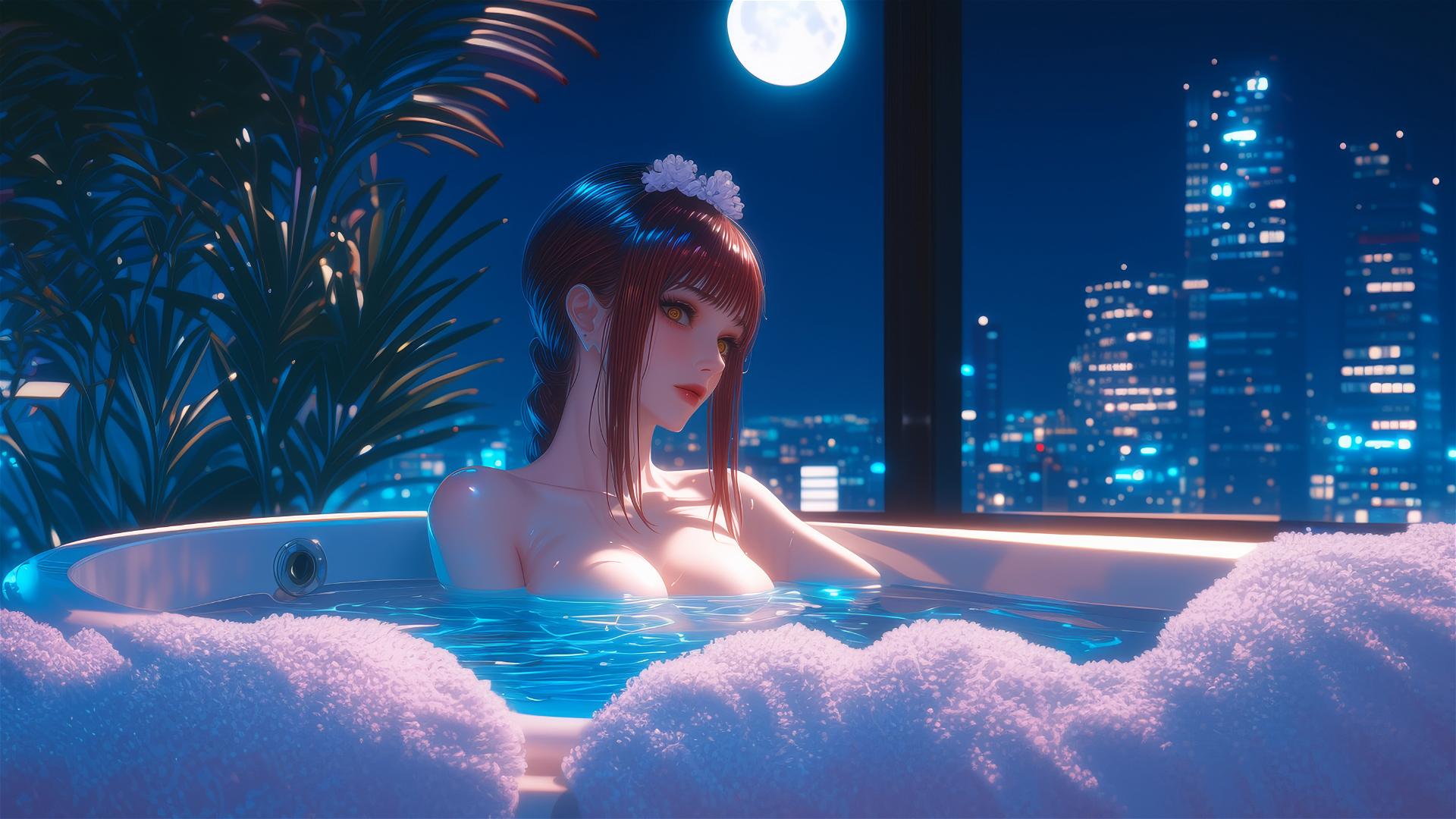 Makima from Chainsaw Man resting in tub under moonlight with reddish hair
