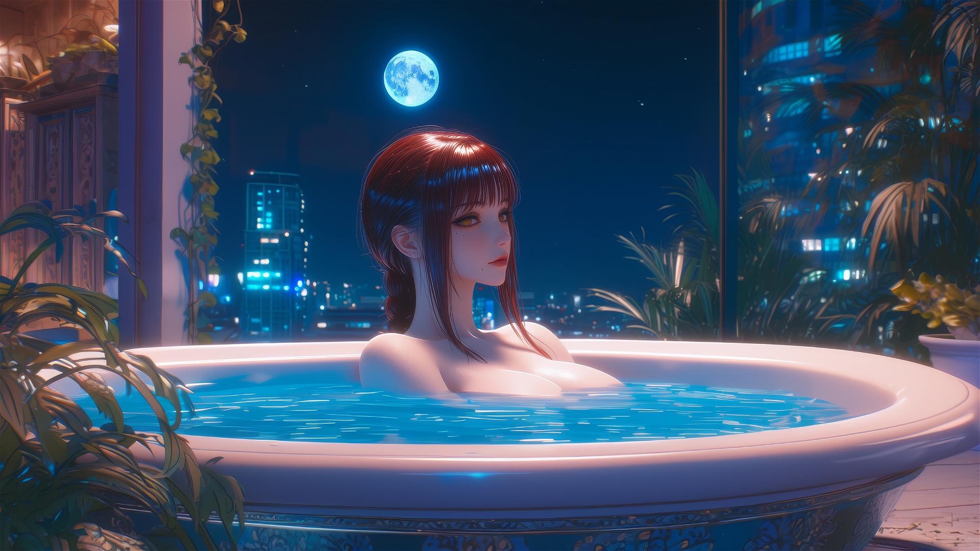 Makima from Chainsaw Man resting in bathtub with moonlight glow
