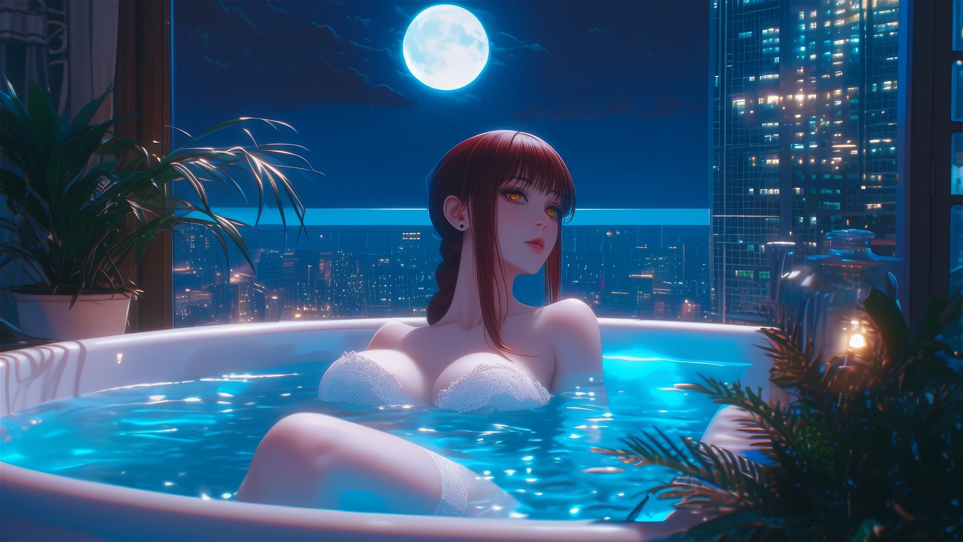 Makima from Chainsaw Man resting in a tub under moonlight.
