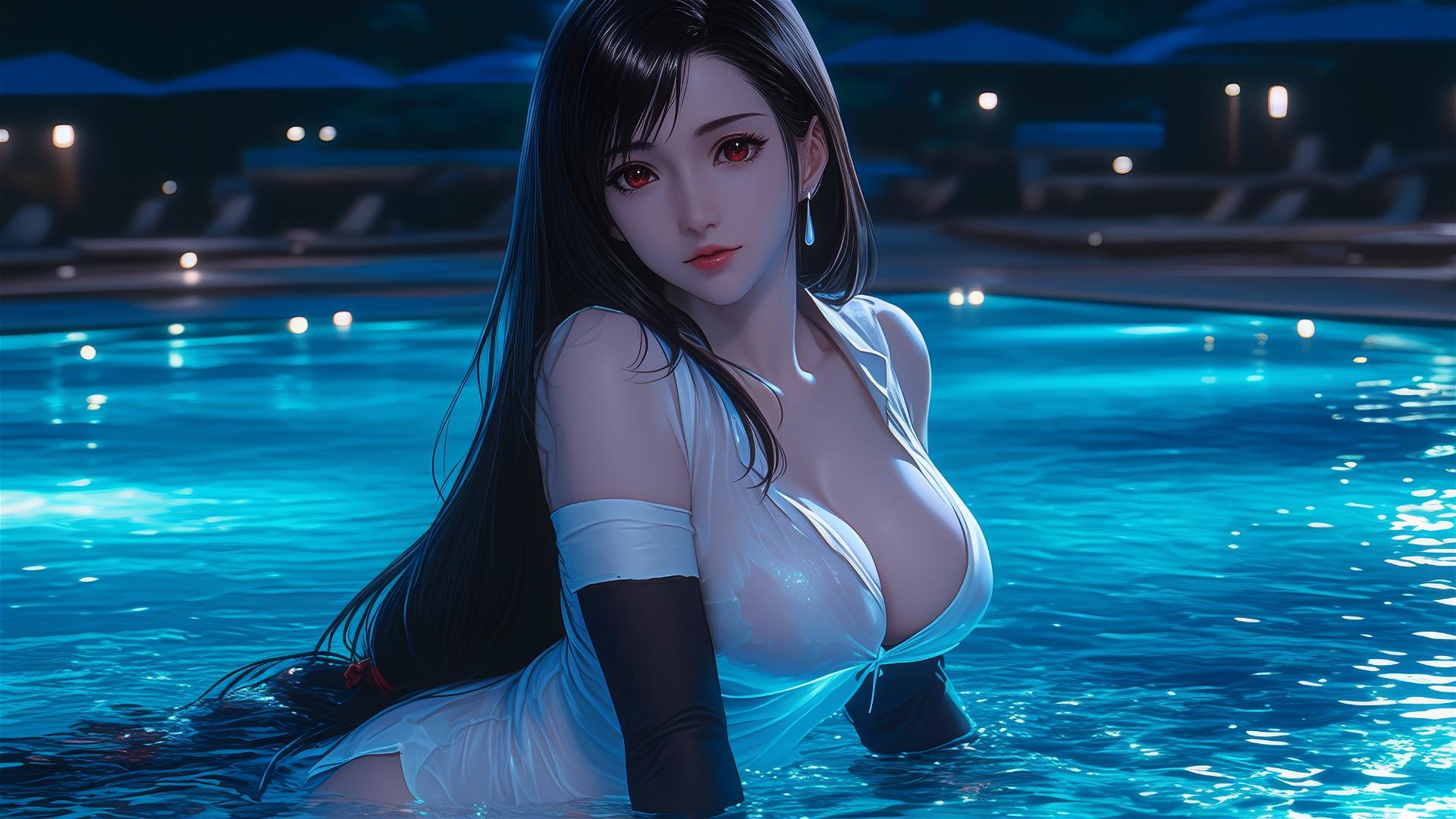 Tifa Lockhart in white silk pajamas resting at a swimming pool under moonlight