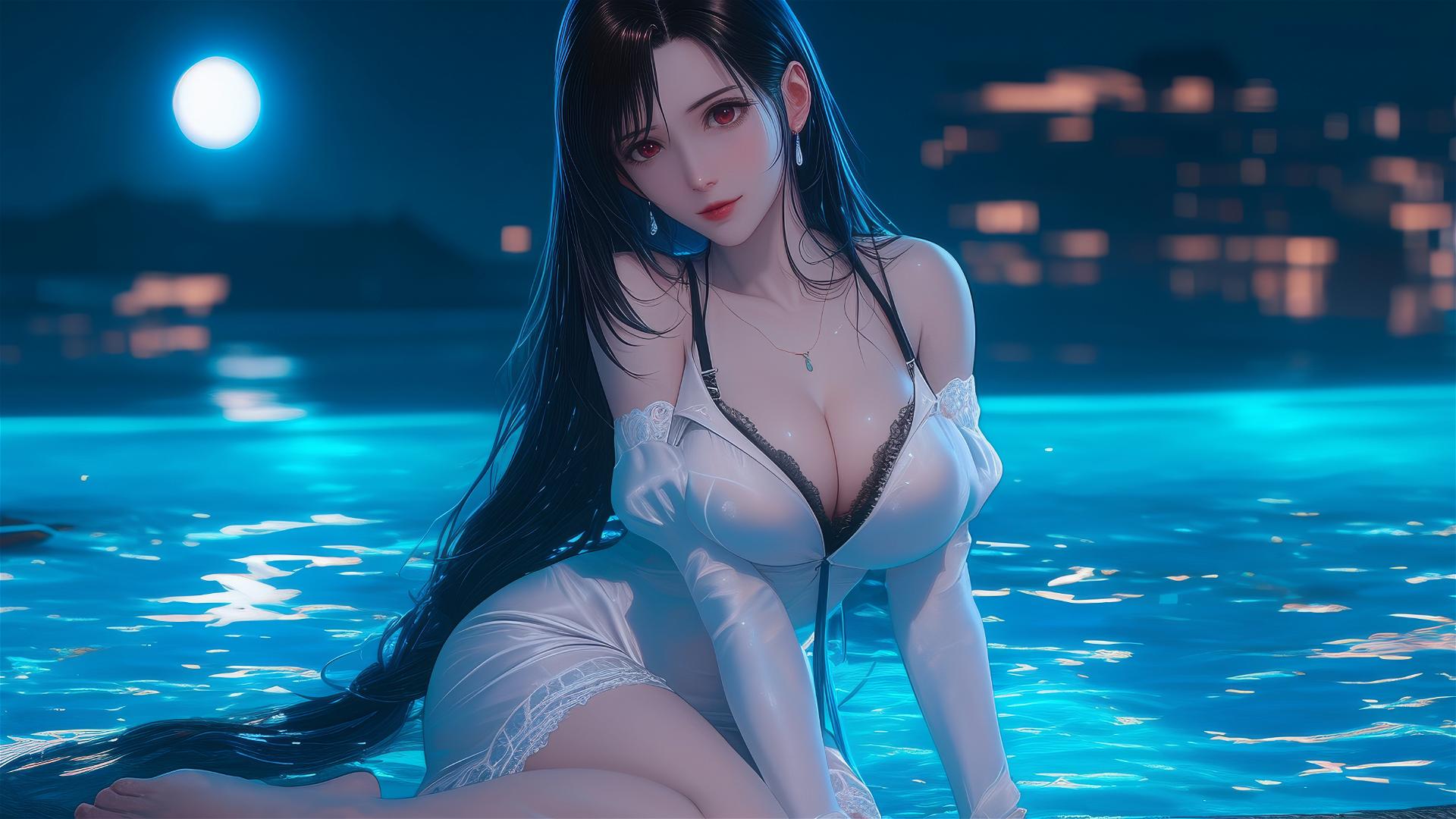 Tifa Lockhart in white silk pajamas relaxing by a moonlit pool.