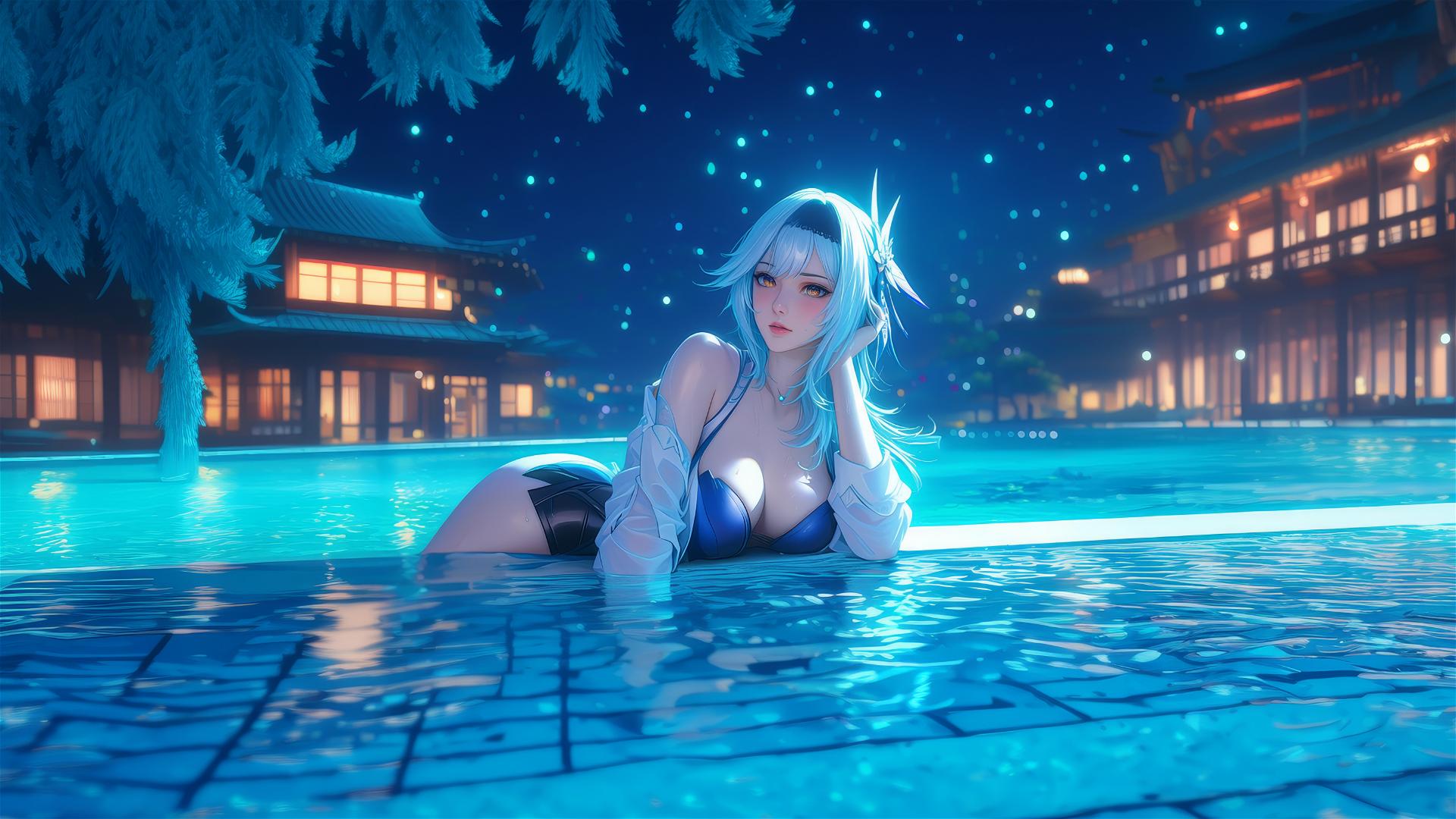 Eula Lawrence from Genshin Impact resting by a swimming pool under moonlight.