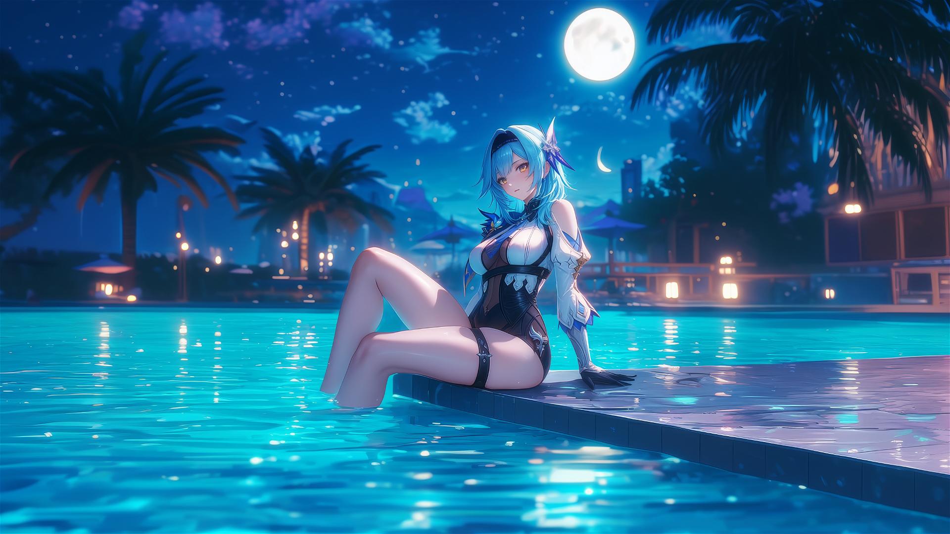 Eula Lawrence from Genshin Impact resting by a swimming pool under moonlight