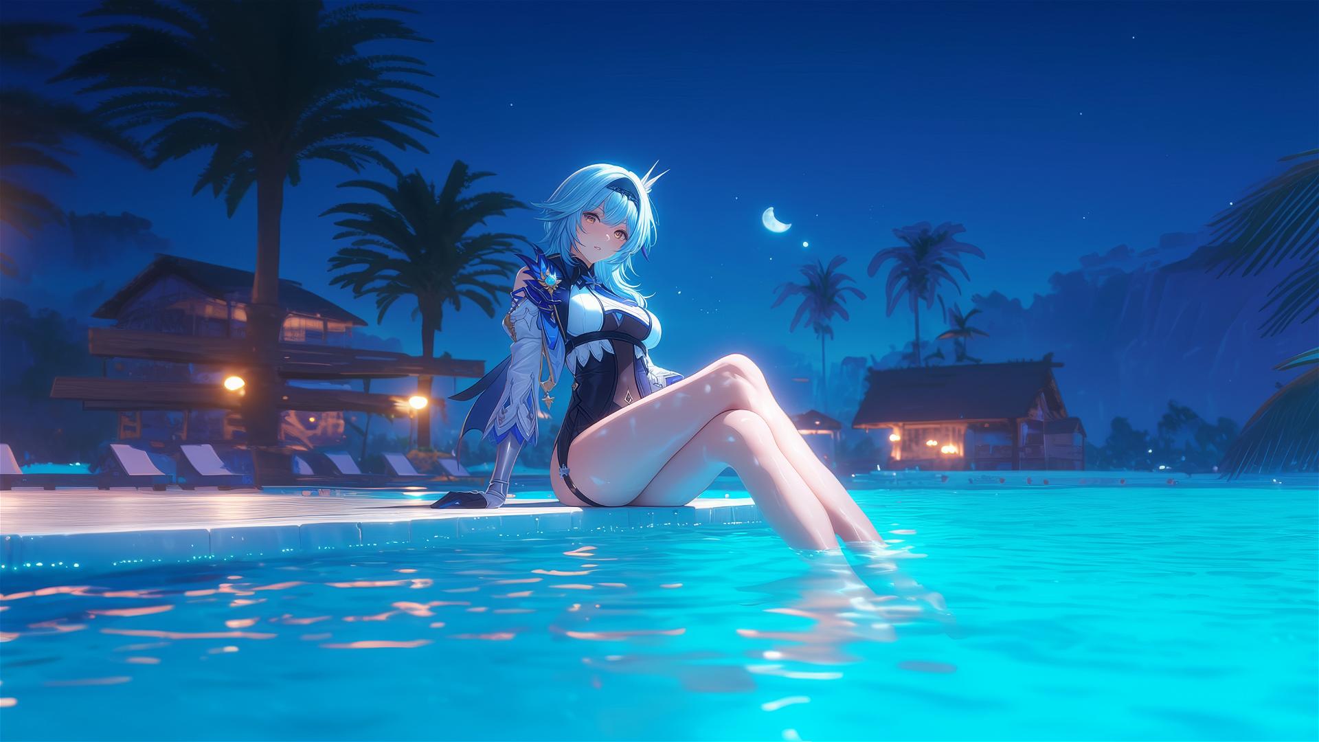 Eula Lawrence from Genshin Impact resting at a moonlit swimming pool with light blue hair