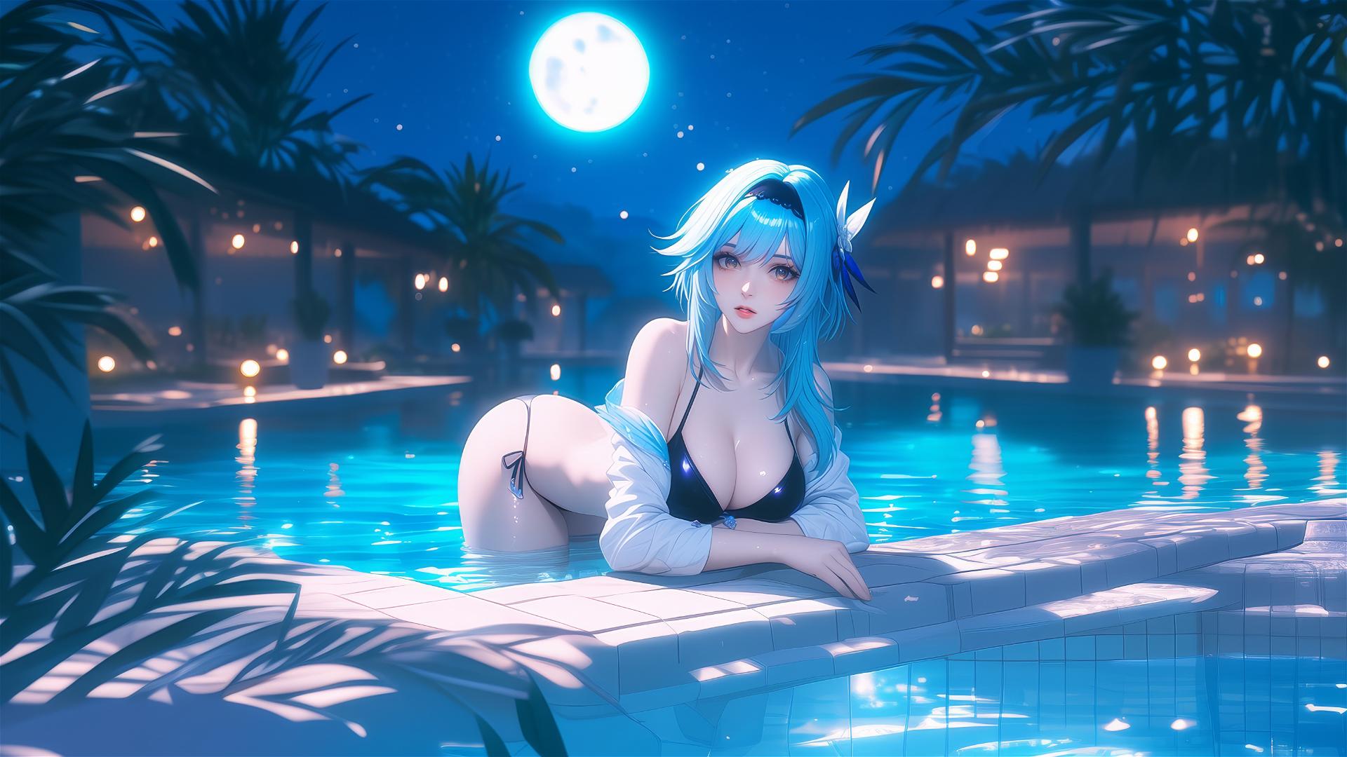 Eula Lawrence from Genshin Impact relaxing by the pool under moonlight