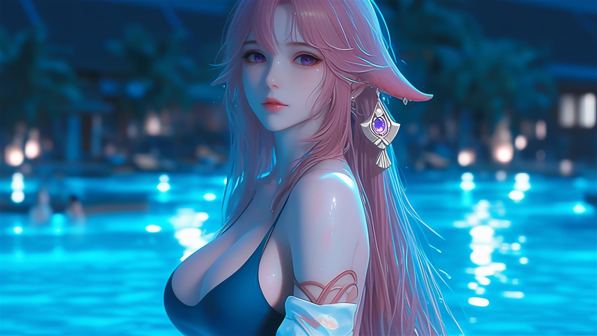Yae Miko from Genshin Impact resting by a moonlit pool