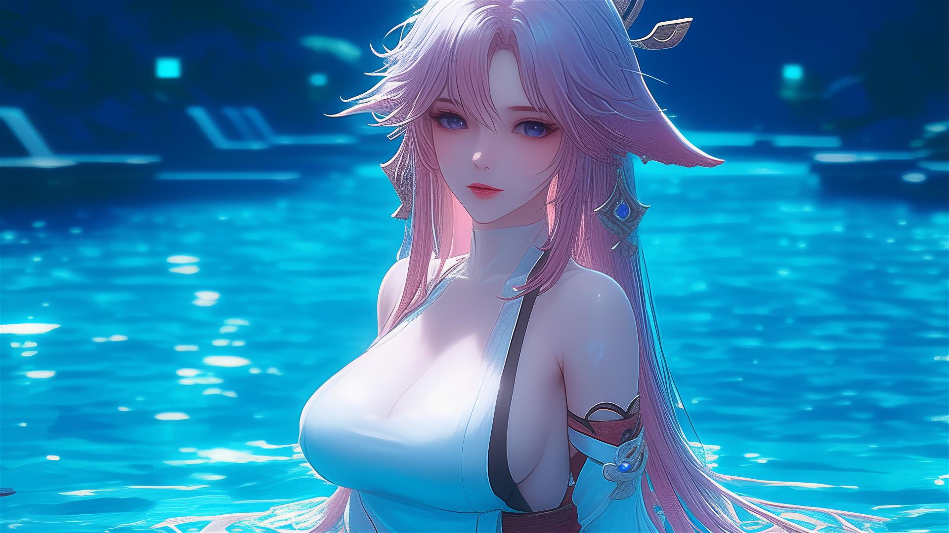 Yae Miko from Genshin Impact resting by a pool under moonlight