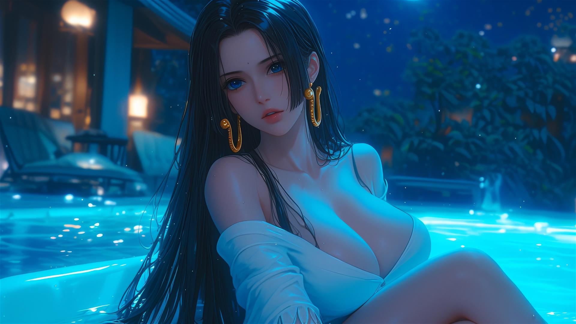 Boa Hancock from One Piece resting in tub under moonlight.