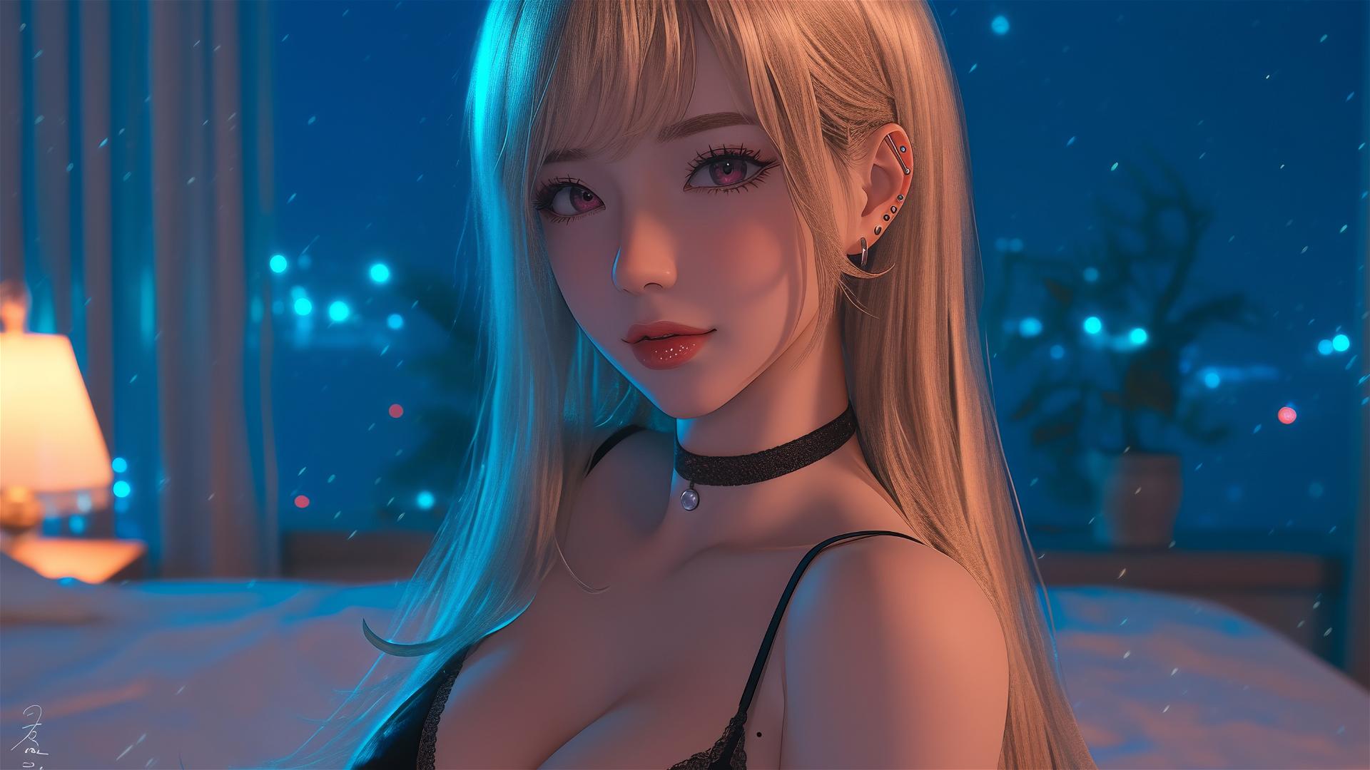 Marin Kitagawa sitting on a hotel bed illuminated by moonlight, with blonde and pinkish-red hair.