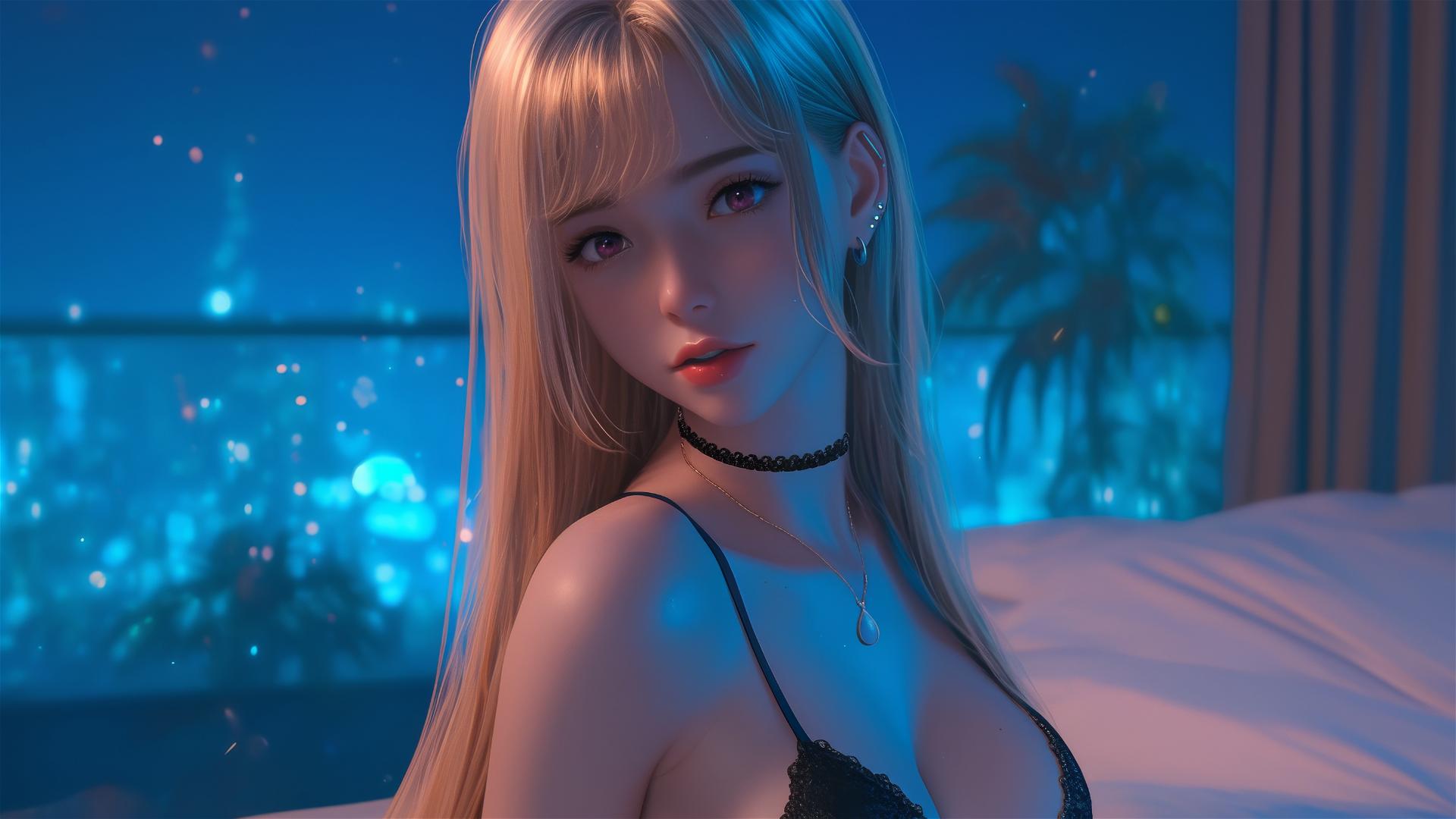 Marin Kitagawa sitting on hotel bed with moonlight glow, silky blonde hair.