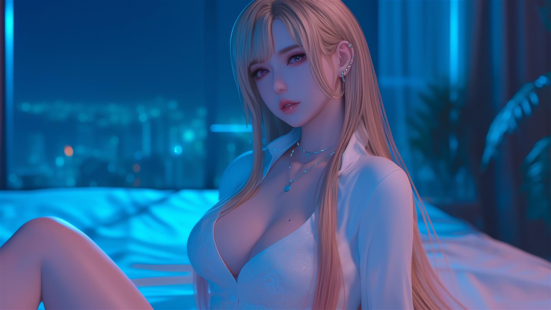Marin Kitagawa sits on hotel bed in moonlight, with blonde hair tipped red-orange.