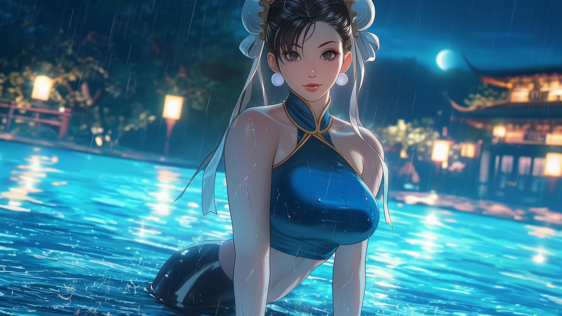 Chun Li standing in a rainy swimming pool with moonlight glow