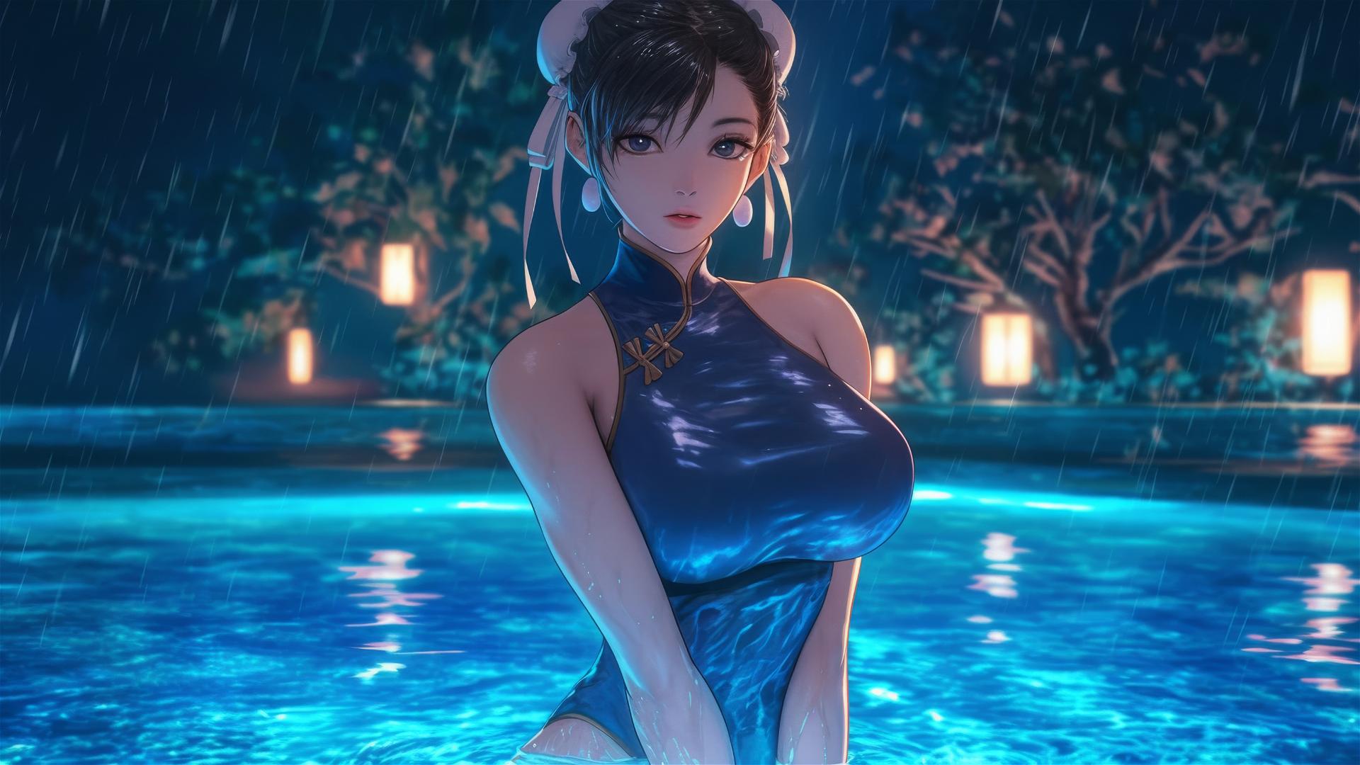 Chun Li standing in rainy swimming pool under moonlight