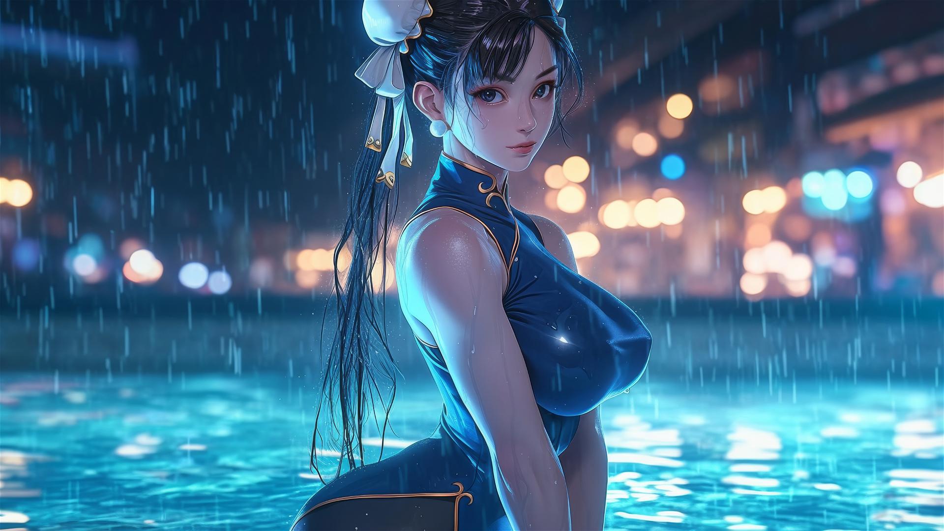 Chun Li standing in rainy pool under moonlight
